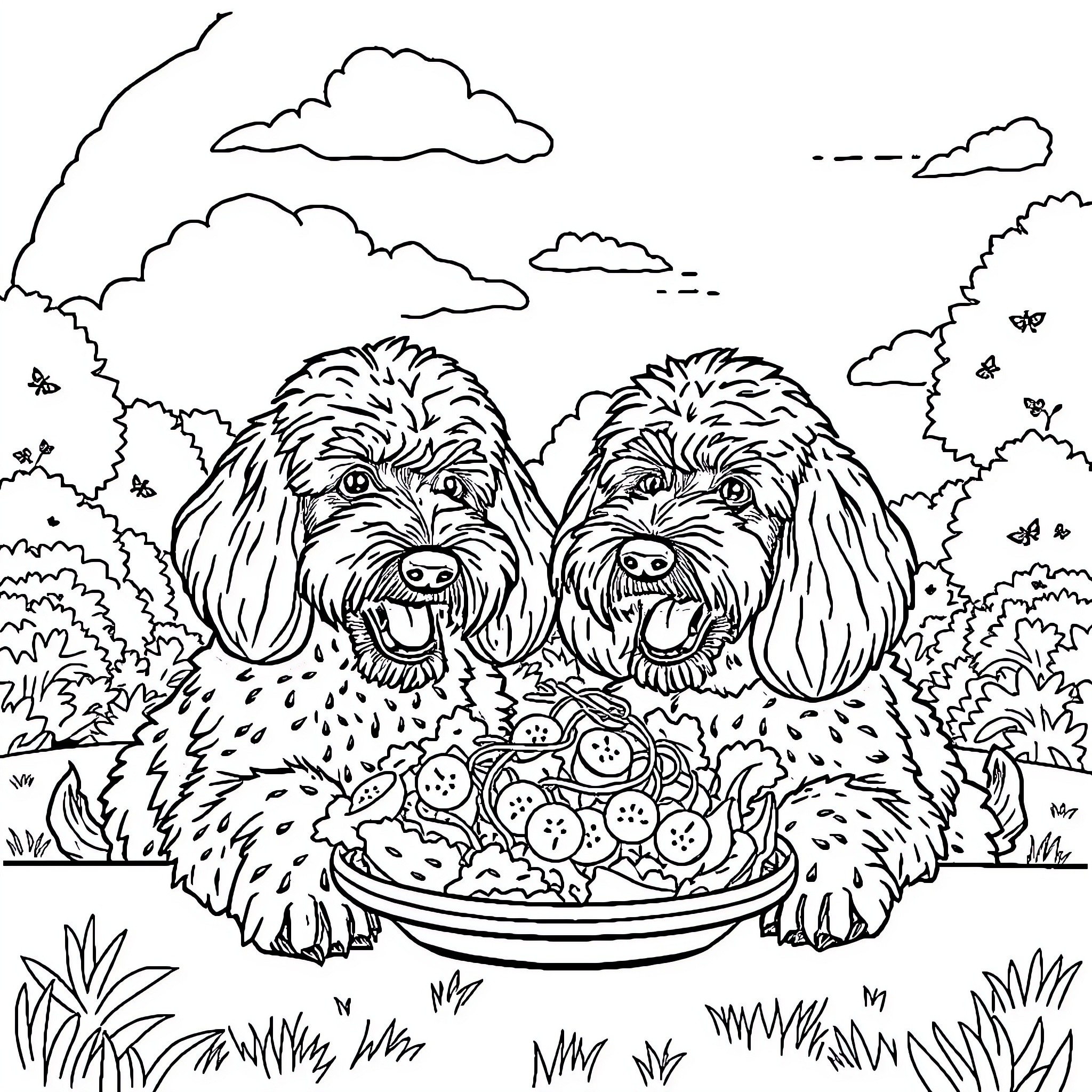 Poodle friends enjoying a snack in the park Coloring Page (free black-and-white line drawing printable PDF for all, from beginners to advanced learners, including children, teens, adults, and seniors)