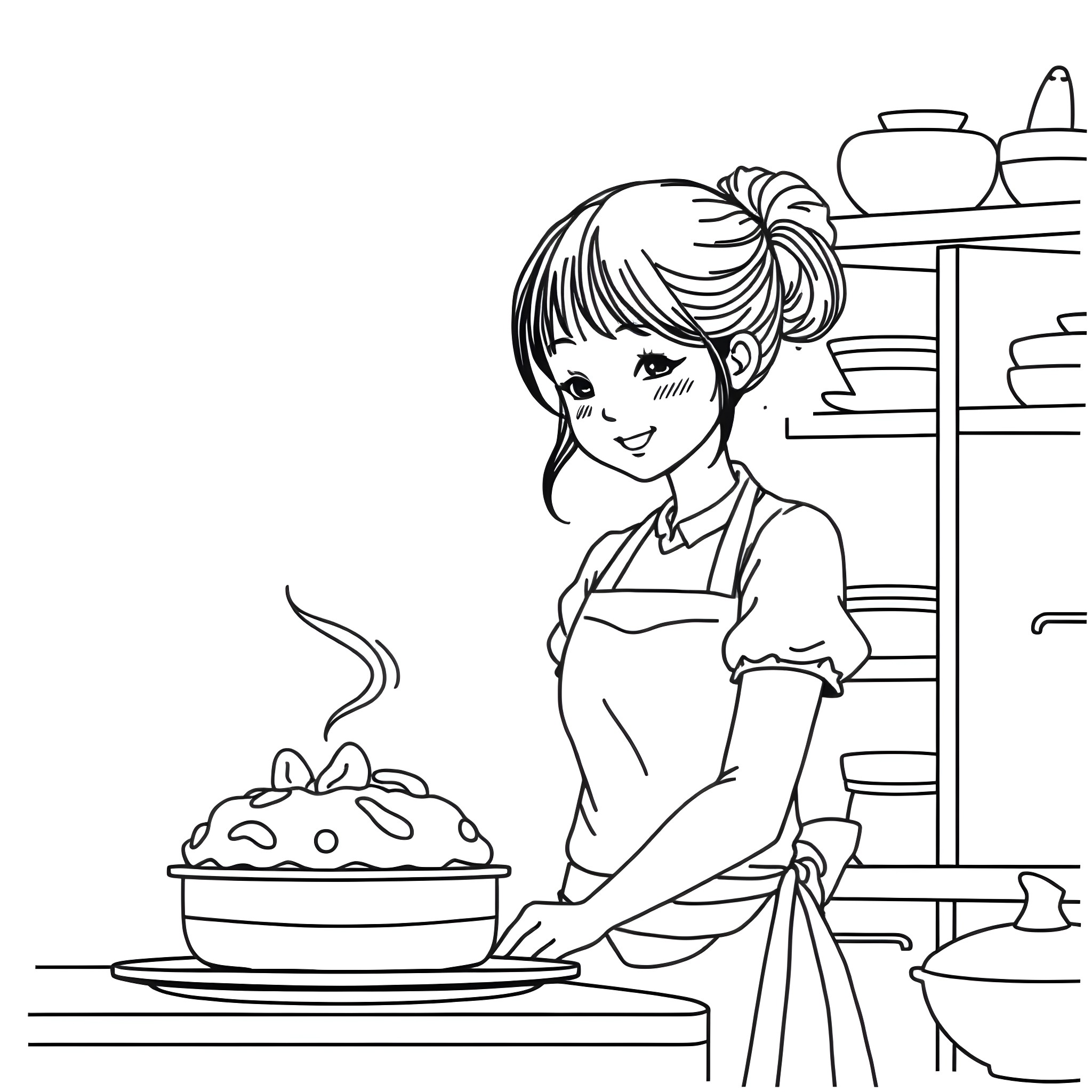 Girl preparing a delicious dish in the kitchen Coloring Page (free black-and-white line drawing printable PDF for all, from beginners to advanced learners, including children, teens, adults, and seniors)