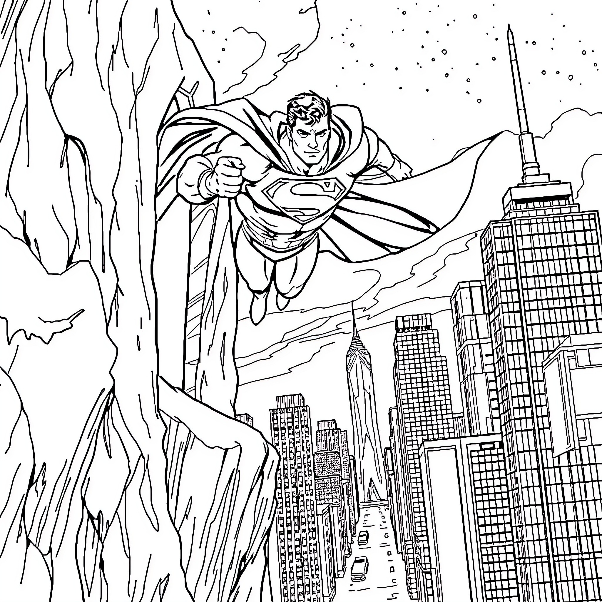 Superman soaring over the city in heroic pose Coloring Page (free black-and-white line drawing printable PDF for all, from beginners to advanced learners, including children, teens, adults, and seniors)