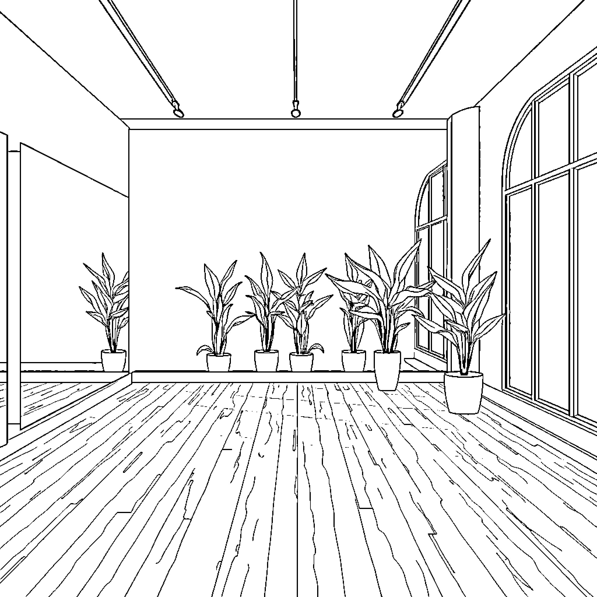 Yoga Studio with Potted Plants and Natural Lighting Coloring Page (free black-and-white line drawing printable PDF for all, from beginners to advanced learners, including children, teens, adults, and seniors)