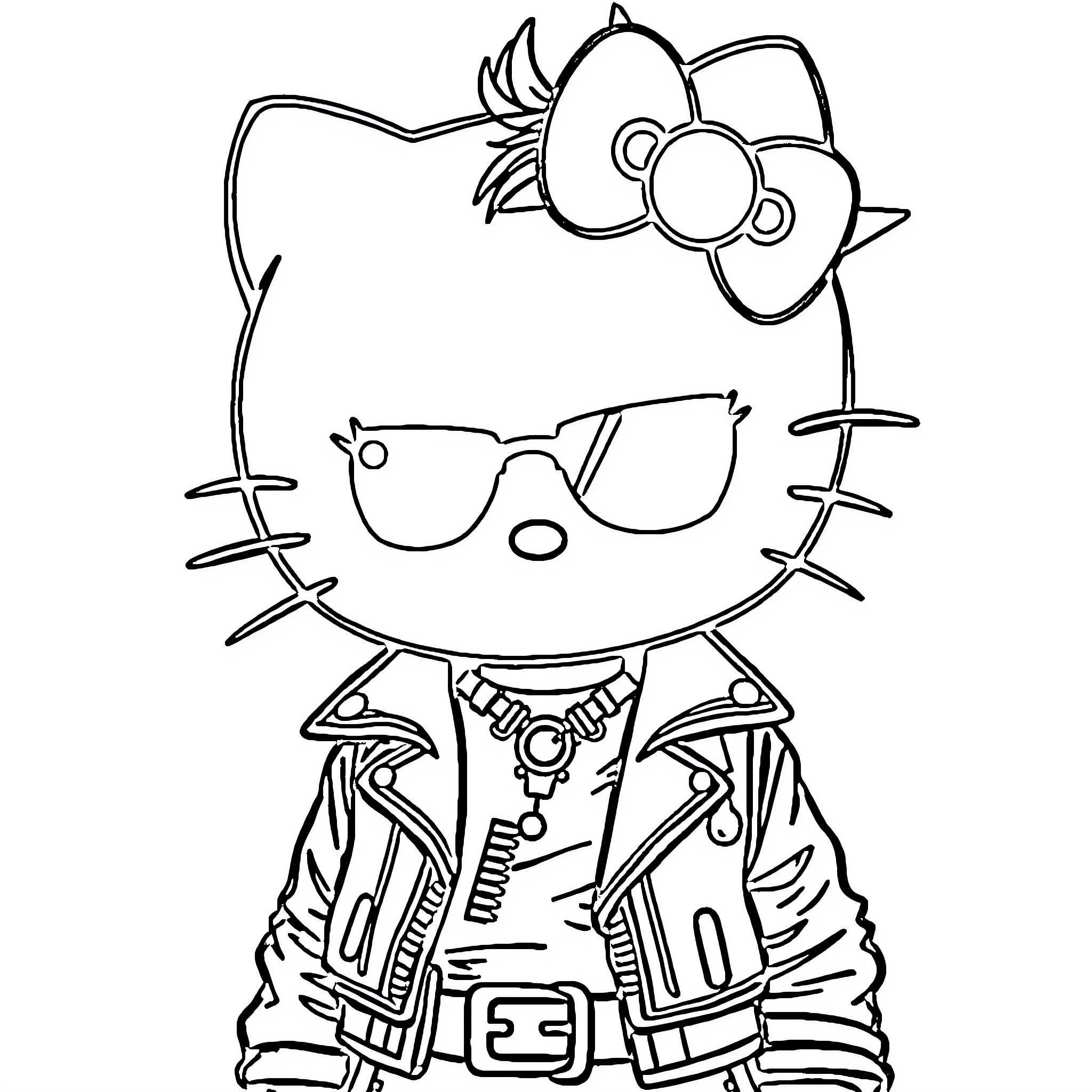 Hello Kitty wearing stylish sunglasses and jacket Coloring Page (free black-and-white line drawing printable PDF for all, from beginners to advanced learners, including children, teens, adults, and seniors)