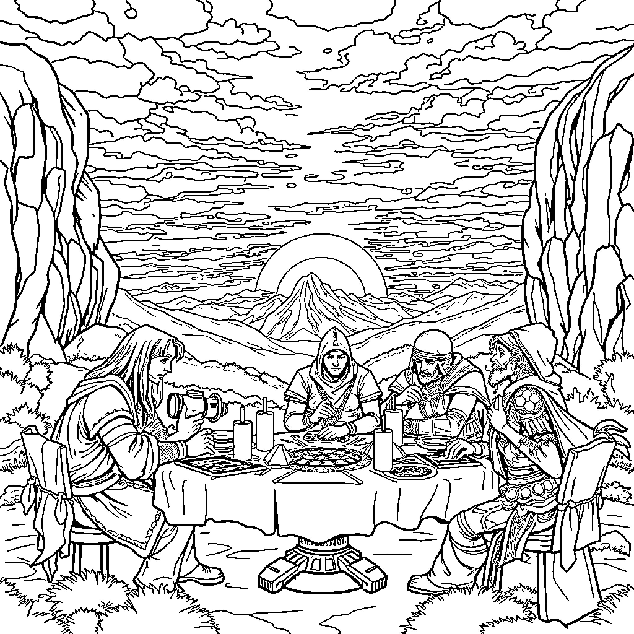 Dungeons and Dragons players around a campfire Coloring Page (free black-and-white line drawing printable PDF for all, from beginners to advanced learners, including children, teens, adults, and seniors)