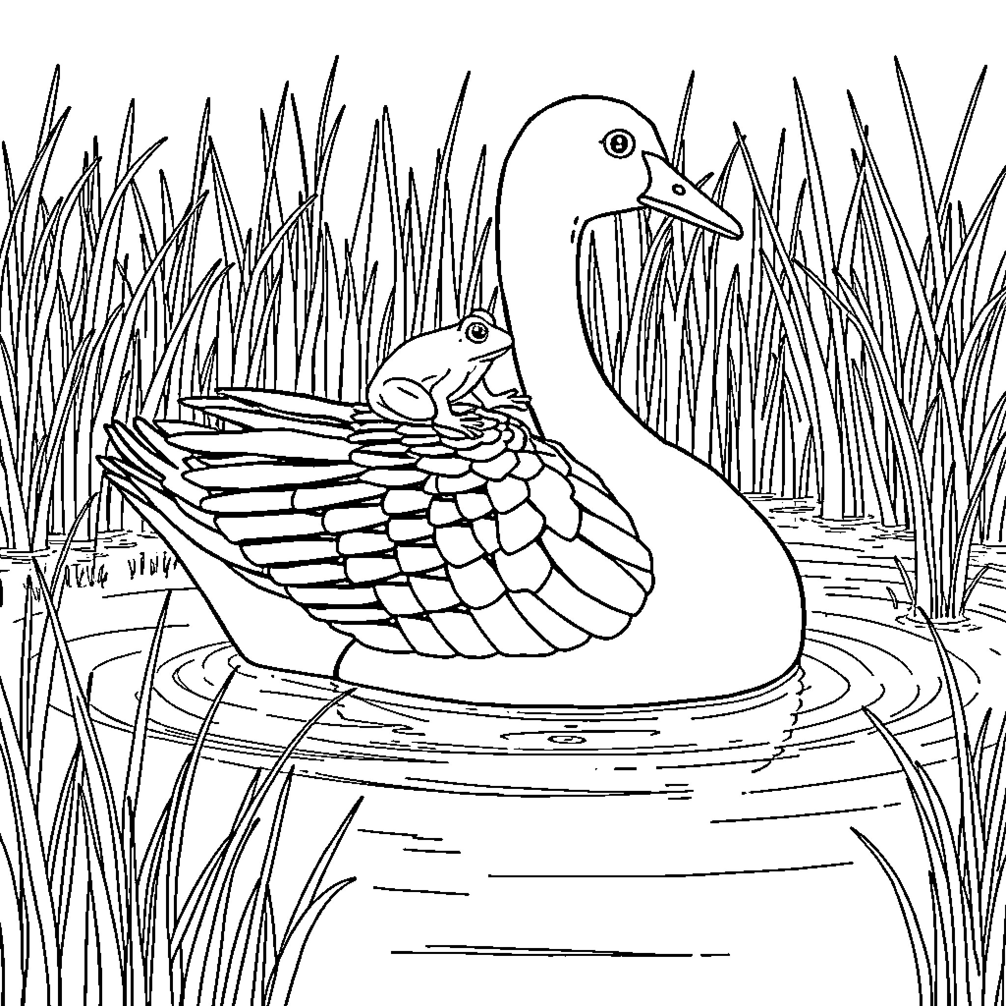 Frog relaxing on a swan-shaped boat in the pond Coloring Page (free black-and-white line drawing printable PDF for all, from beginners to advanced learners, including children, teens, adults, and seniors)