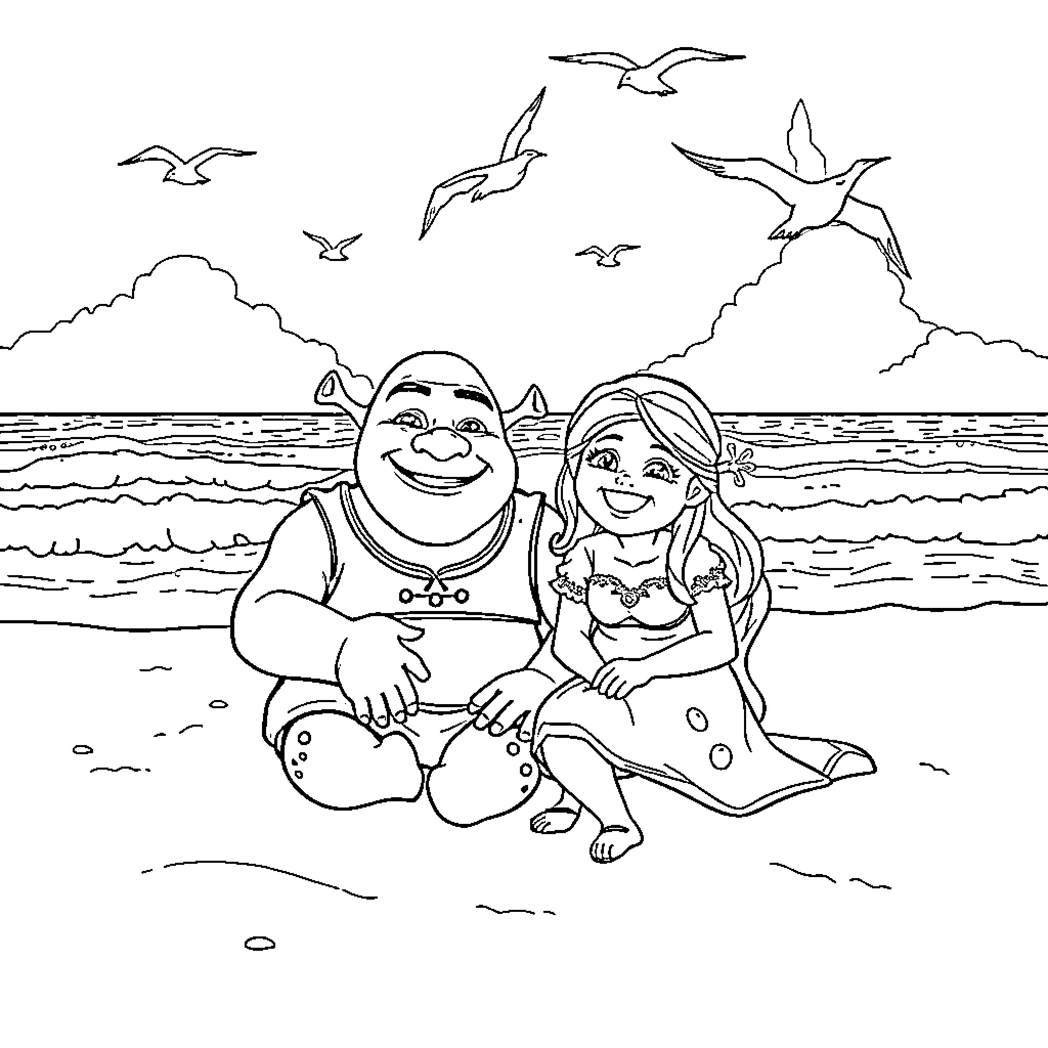 Shrek and Fiona enjoying a day at the beach Coloring Page (free black-and-white line drawing printable PDF for all, from beginners to advanced learners, including children, teens, adults, and seniors)
