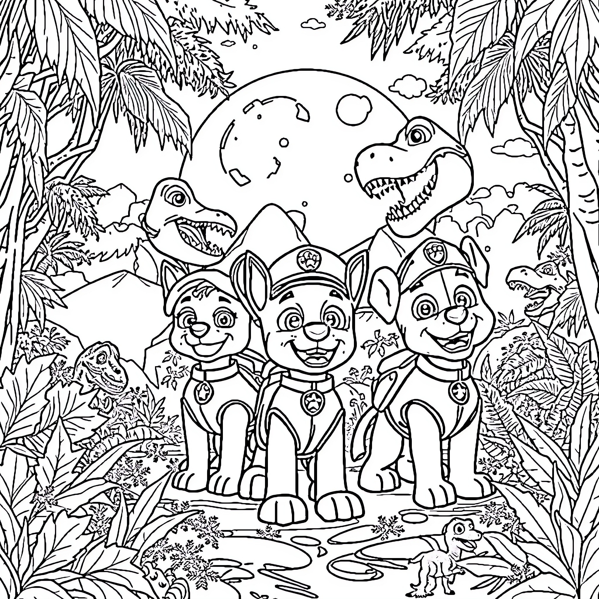 Paw Patrol Explore Tropical Jungle Adventure Coloring Page (free black-and-white line drawing printable PDF for all, from beginners to advanced learners, including children, teens, adults, and seniors)