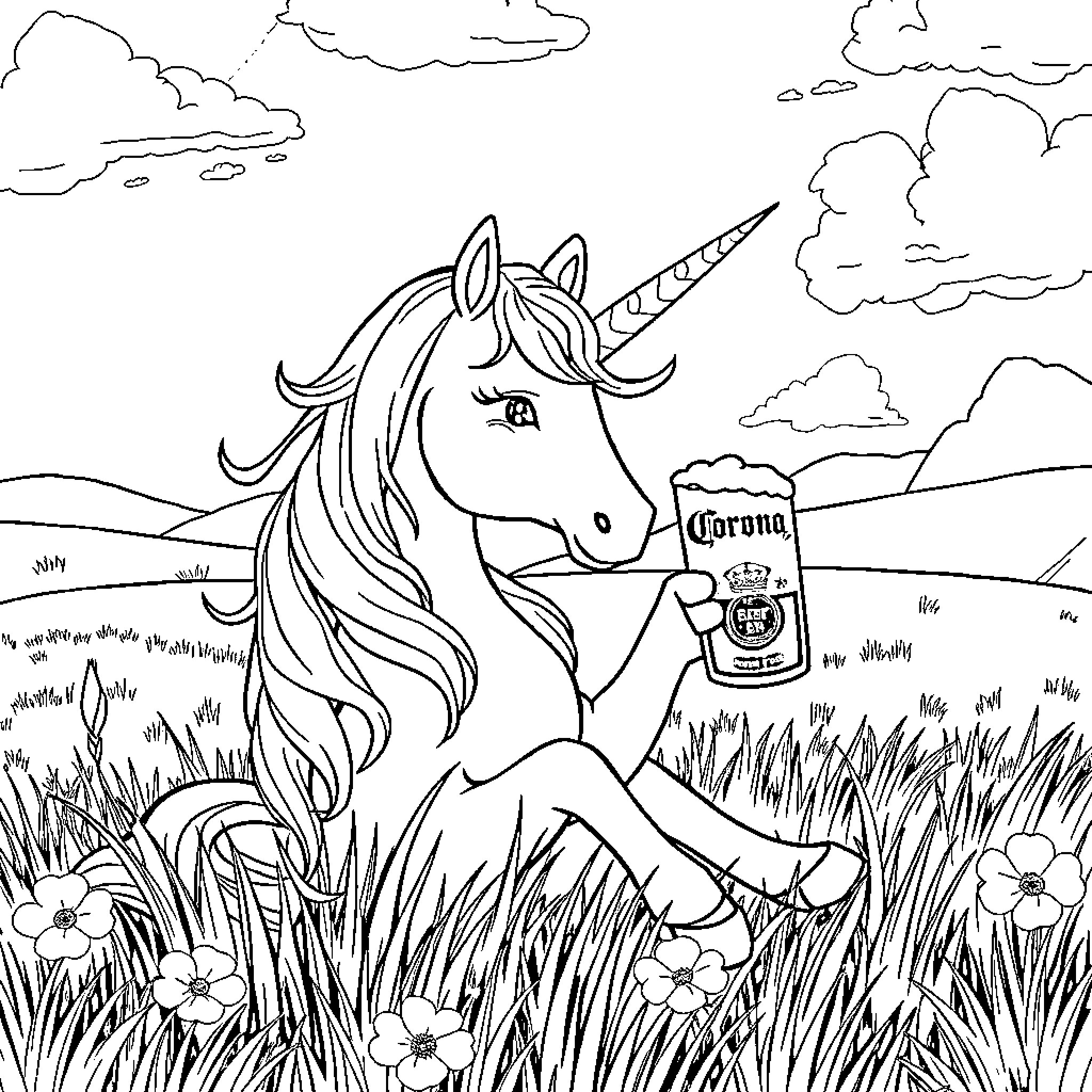 Unicorn enjoying a Corona beer in the meadow Coloring Page (free black-and-white line drawing printable PDF for all, from beginners to advanced learners, including children, teens, adults, and seniors)