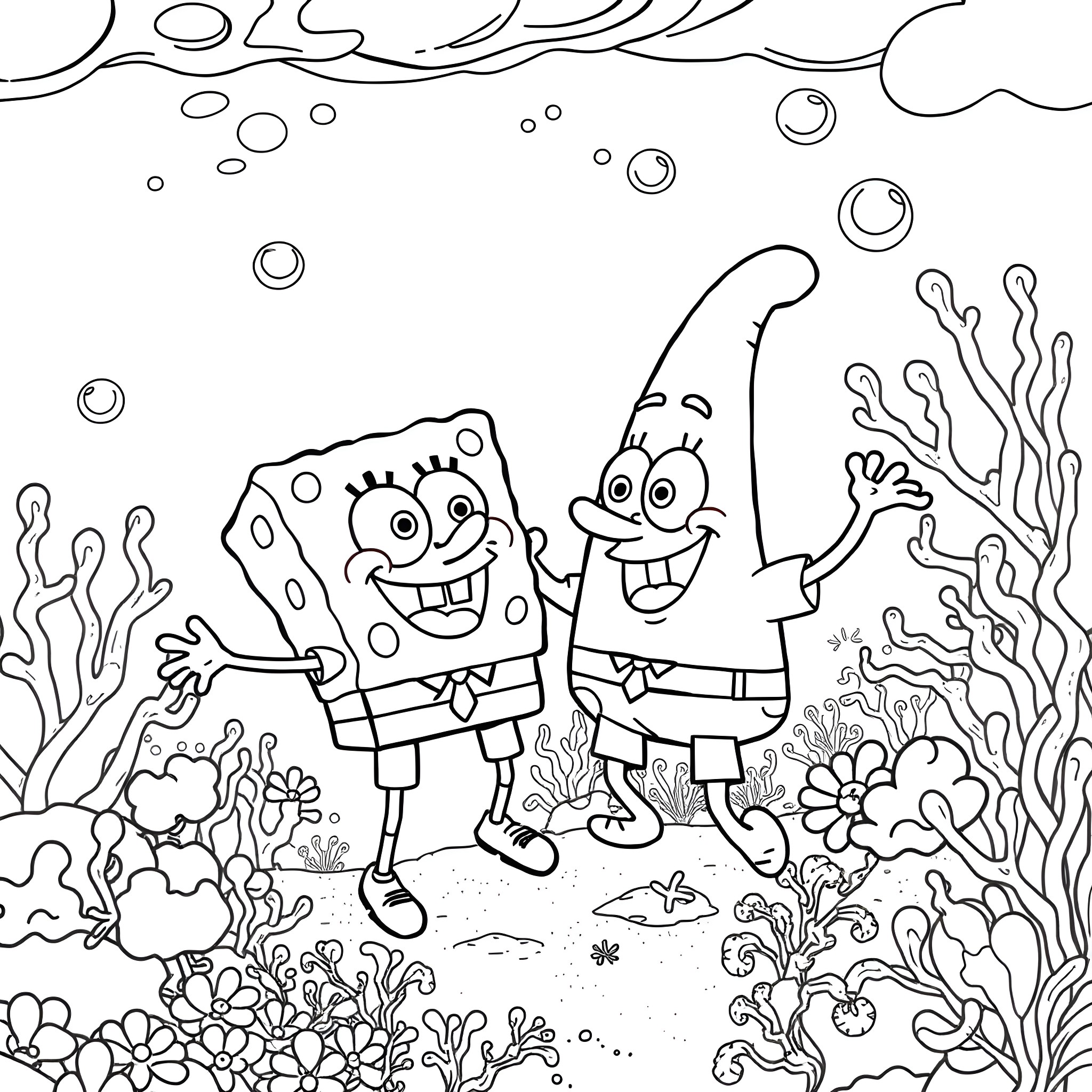 Spongebob and Patrick exploring the underwater world Coloring Page (free black-and-white line drawing printable PDF for all, from beginners to advanced learners, including children, teens, adults, and seniors)