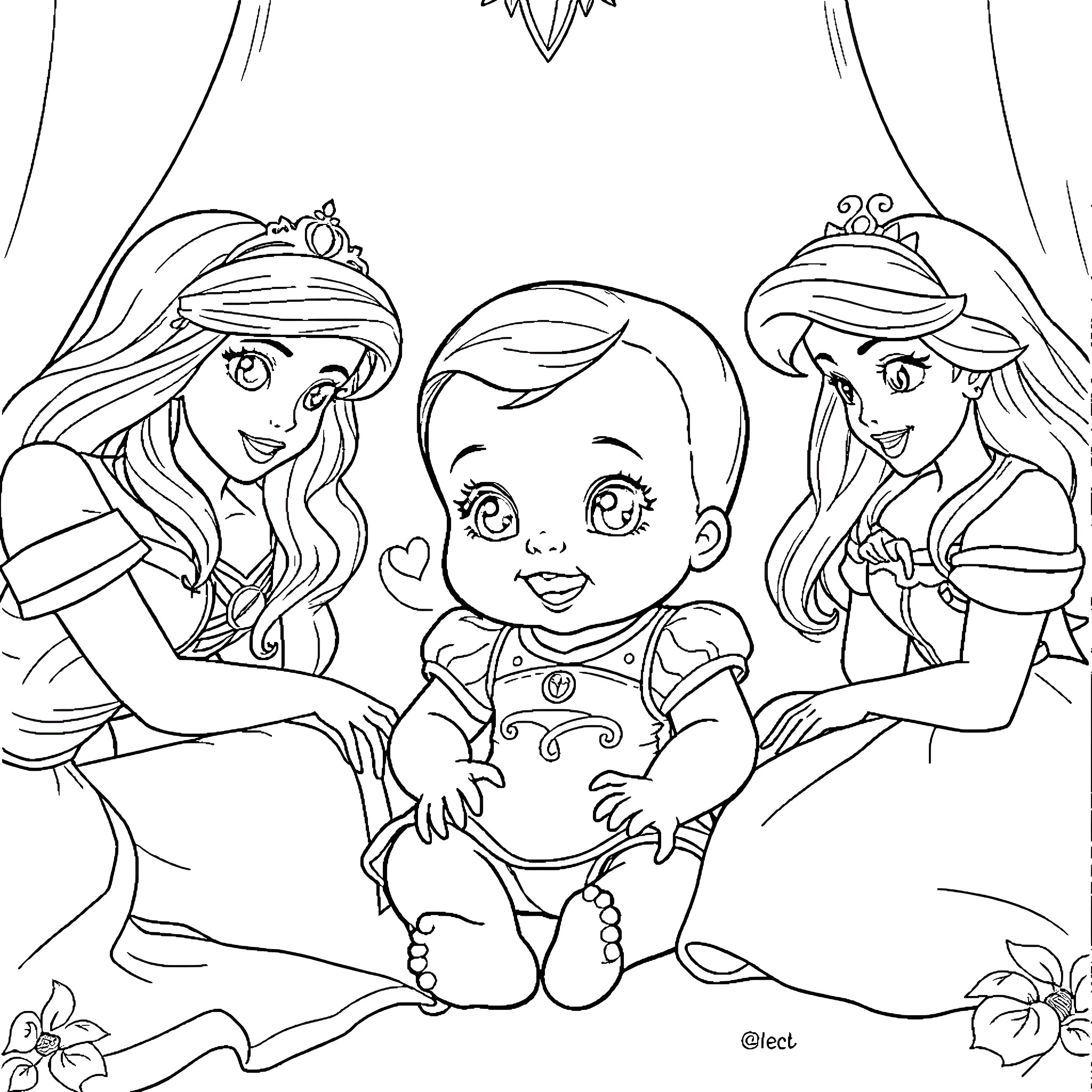 Baby surrounded by friendly princesses Coloring Page (free black-and-white line drawing printable PDF for all, from beginners to advanced learners, including children, teens, adults, and seniors)