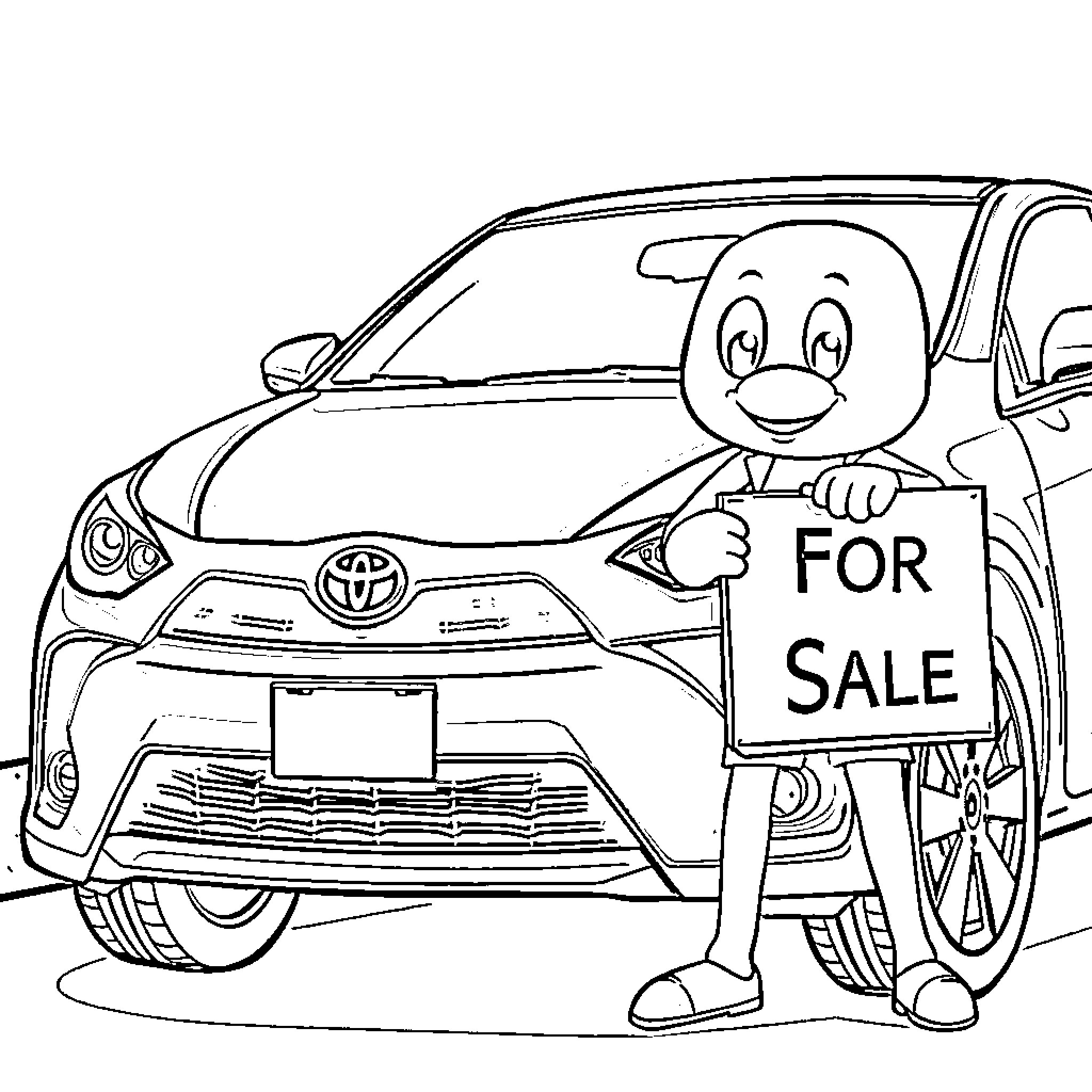 Bluey character promoting car for sale Coloring Page (free black-and-white line drawing printable PDF for all, from beginners to advanced learners, including children, teens, adults, and seniors)