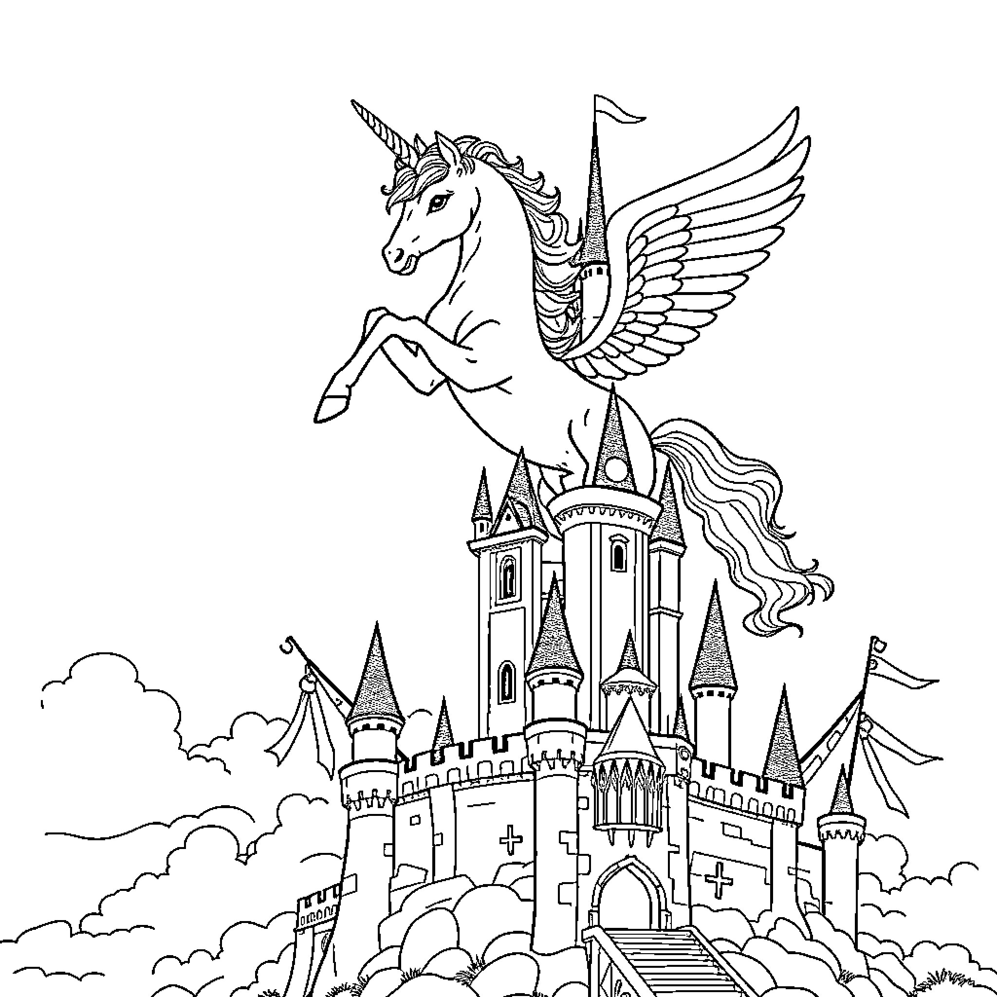 Unicorn soaring over a magical castle Coloring Page (free black-and-white line drawing printable PDF for all, from beginners to advanced learners, including children, teens, adults, and seniors)