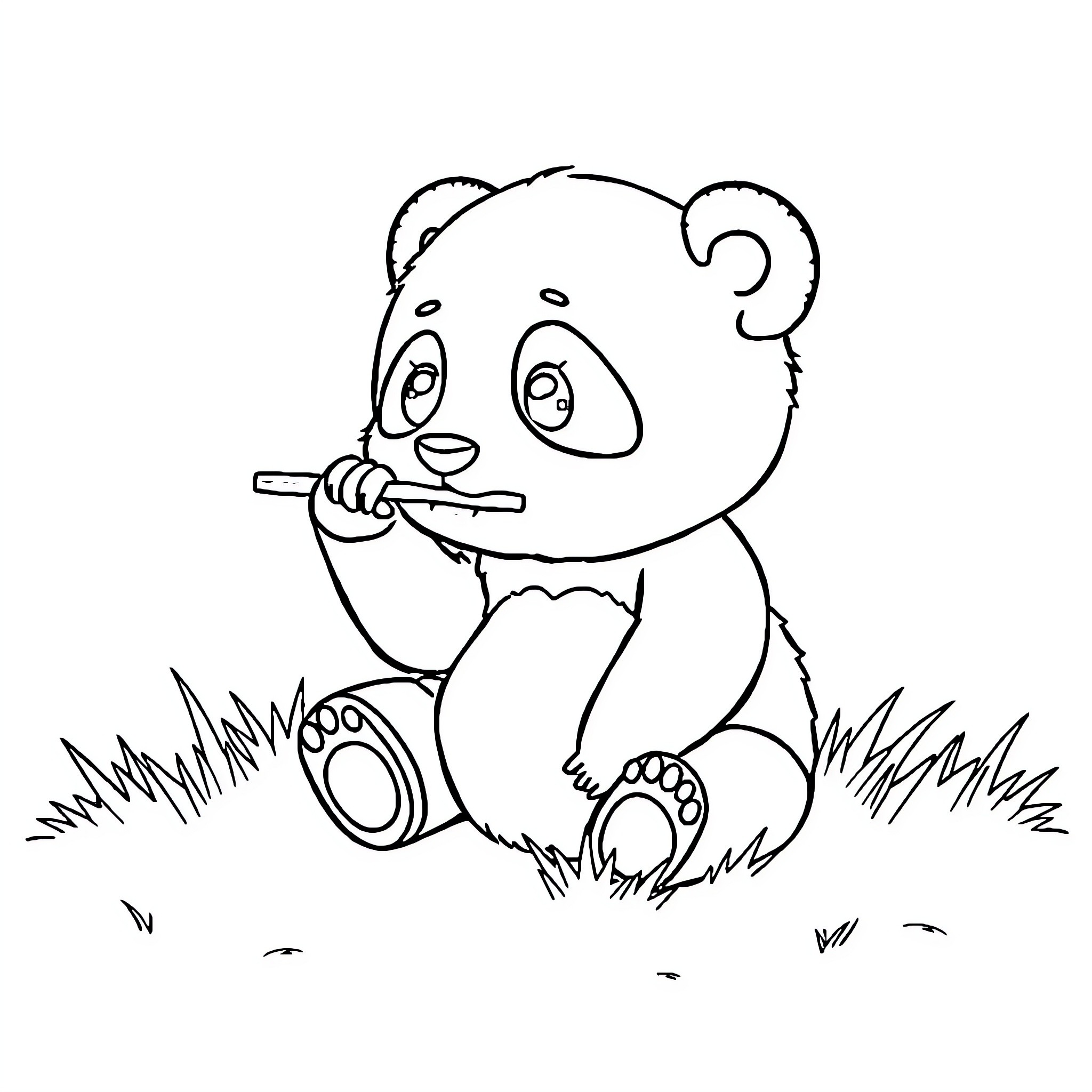Panda brushing teeth in the grass Coloring Page (free black-and-white line drawing printable PDF for all, from beginners to advanced learners, including children, teens, adults, and seniors)