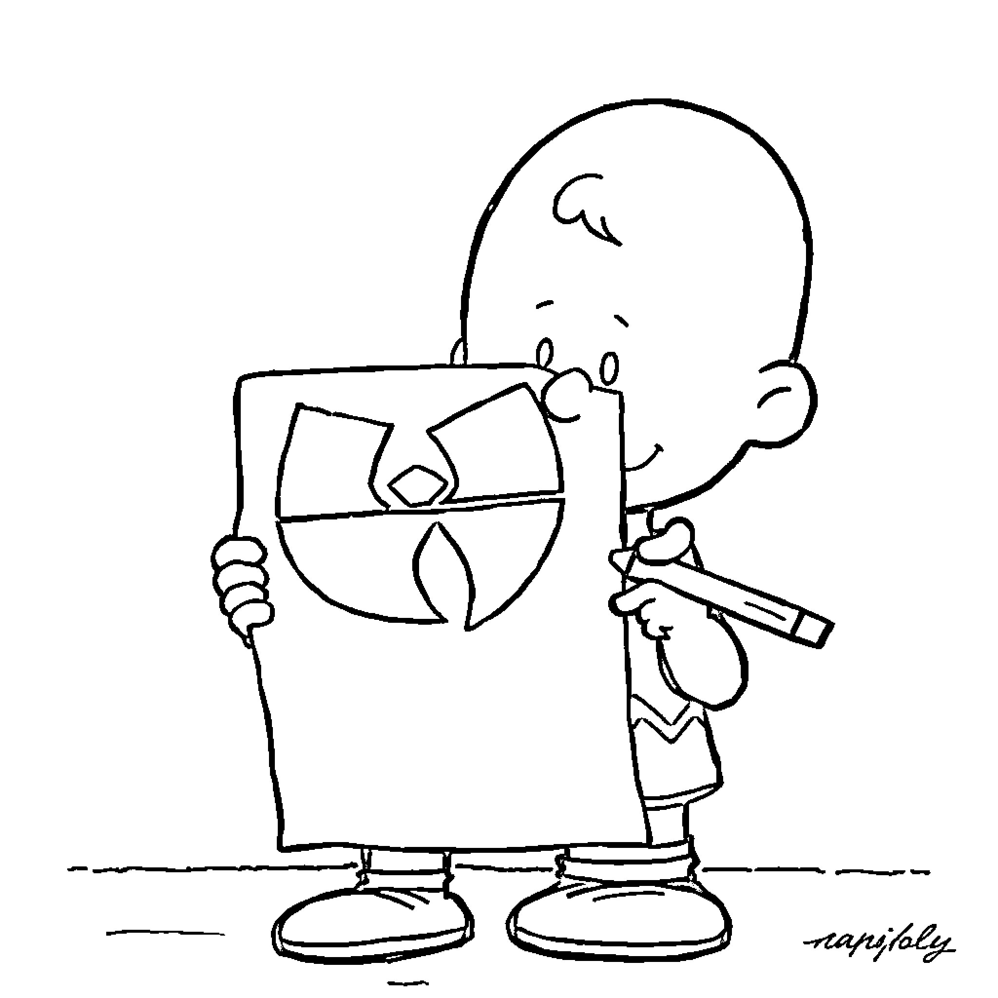 Charlie Brown playing with his iconic comic strip sign Coloring Page (free black-and-white line drawing printable PDF for all, from beginners to advanced learners, including children, teens, adults, and seniors)