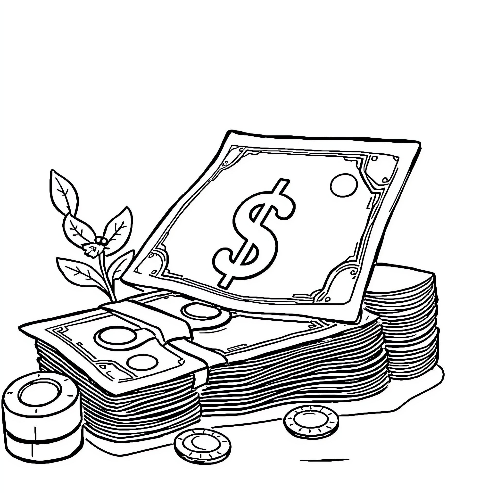 Money Stacks and Dollar Sign Illustration Coloring Page (free black-and-white line drawing printable PDF for all, from beginners to advanced learners, including children, teens, adults, and seniors)