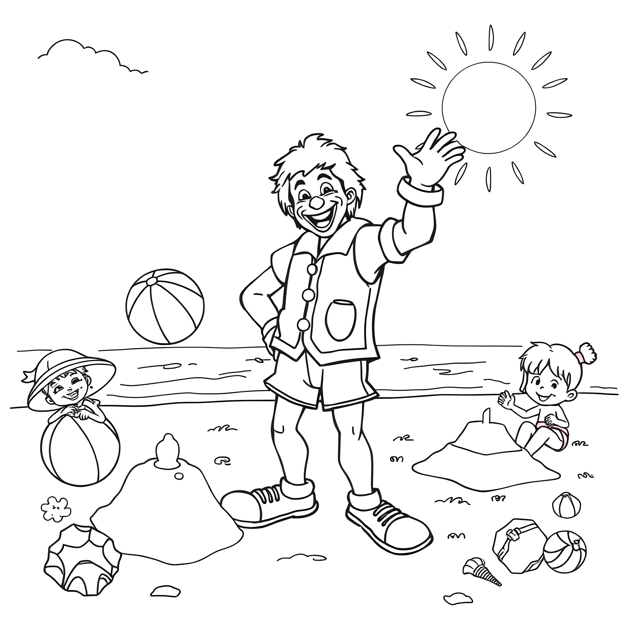 Ronald McDonald playing happily with children on the beach Coloring Page (free black-and-white line drawing printable PDF for all, from beginners to advanced learners, including children, teens, adults, and seniors)