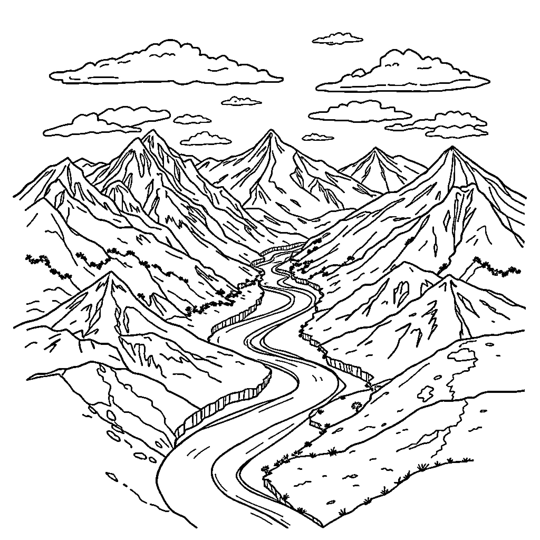 Landform of majestic mountain landscapes and winding roads Coloring Page (free black-and-white line drawing printable PDF for all, from beginners to advanced learners, including children, teens, adults, and seniors)