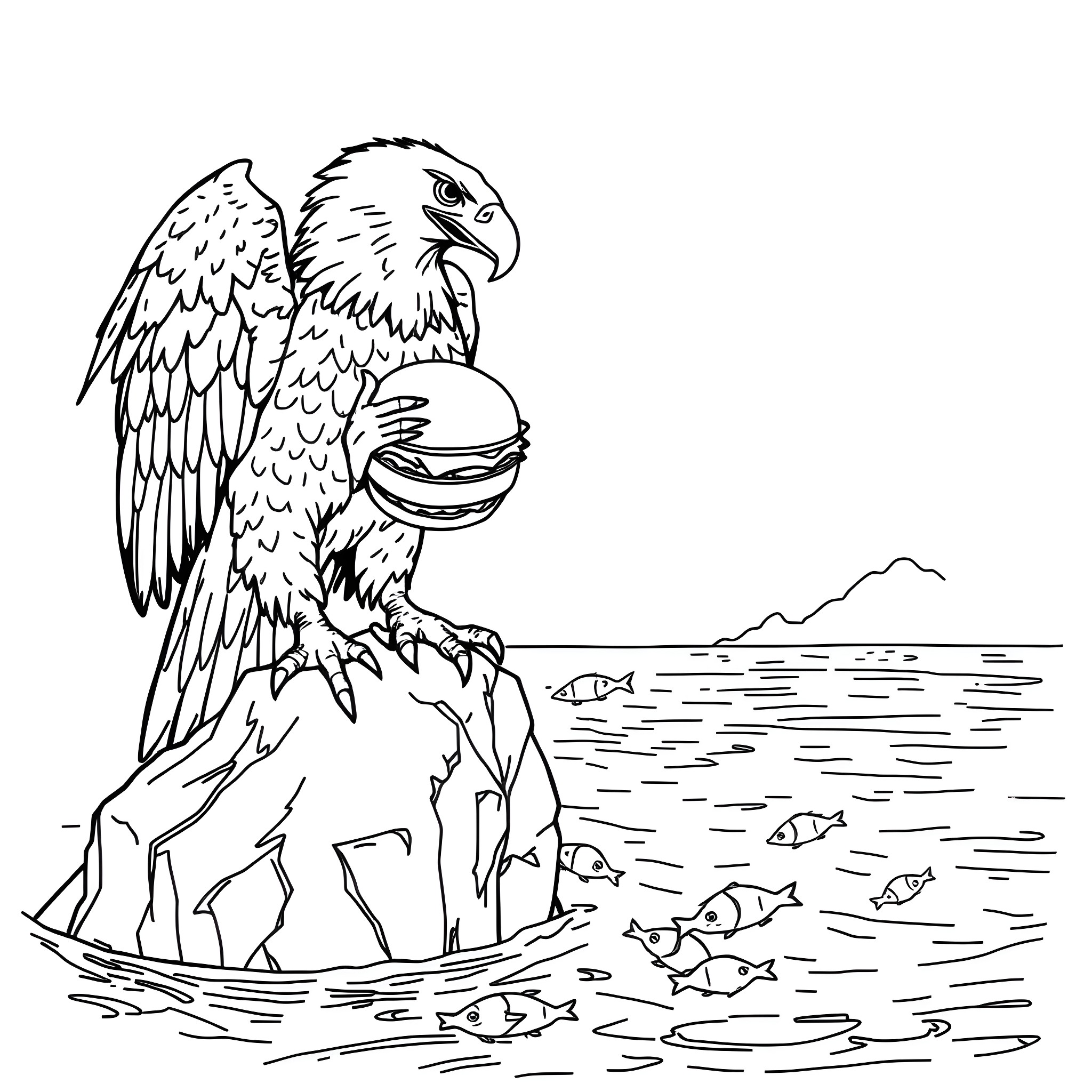 Eagle perched on rocks near the water Coloring Page (free black-and-white line drawing printable PDF for all, from beginners to advanced learners, including children, teens, adults, and seniors)
