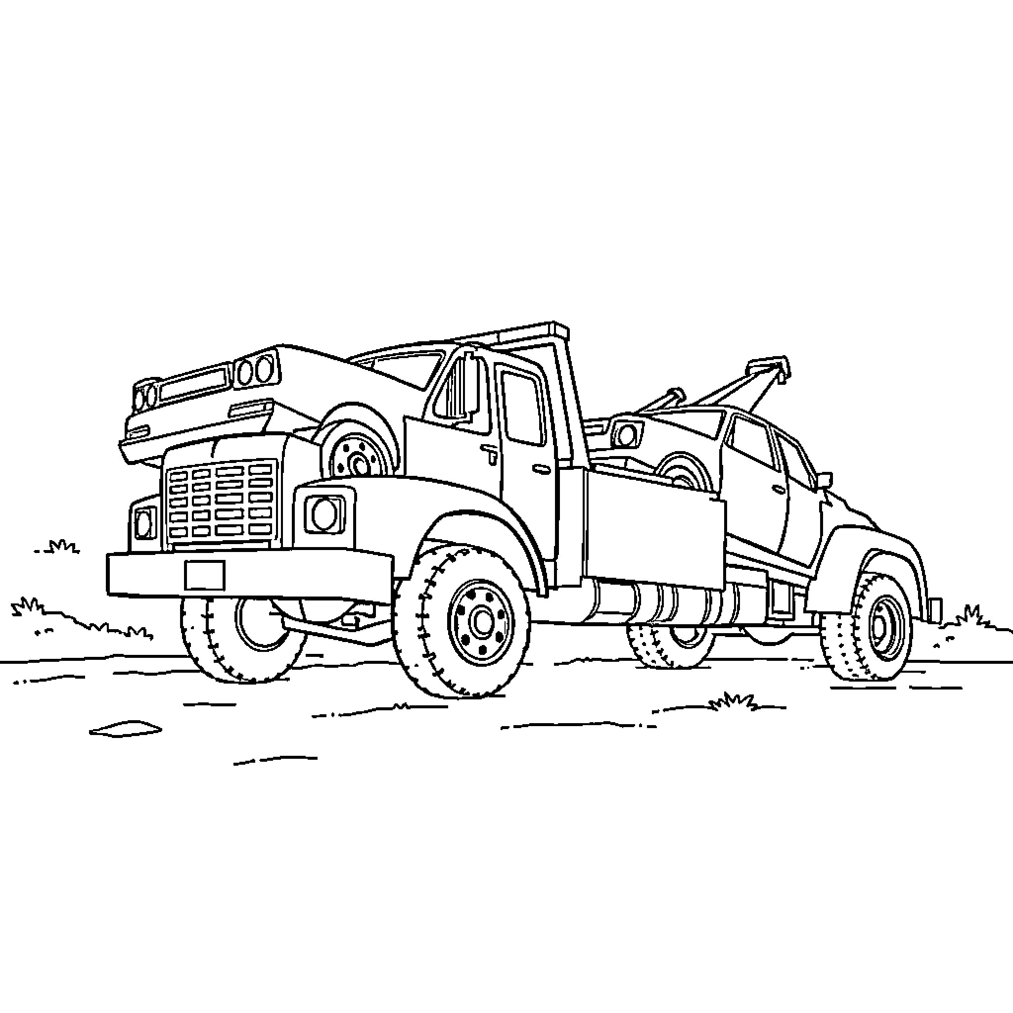 Tow Truck Aiding Disabled Vehicle on the Road Coloring Page (free black-and-white line drawing printable PDF for all, from beginners to advanced learners, including children, teens, adults, and seniors)