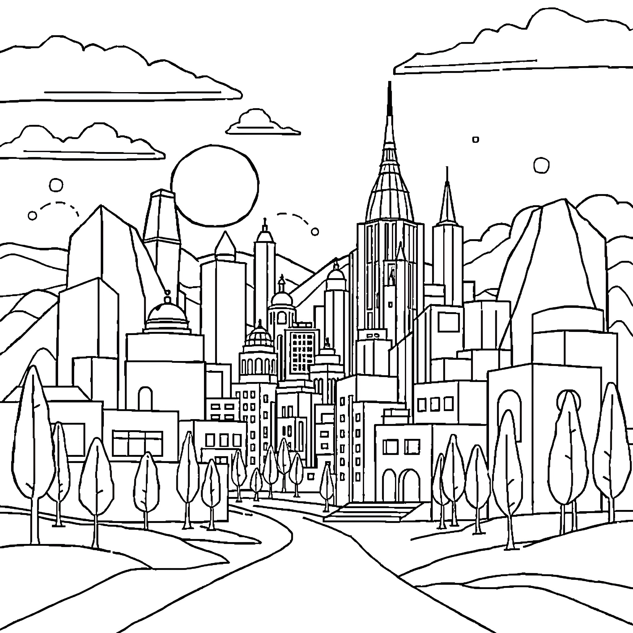 Landscape of a bustling city skyline Coloring Page (free black-and-white line drawing printable PDF for all, from beginners to advanced learners, including children, teens, adults, and seniors)