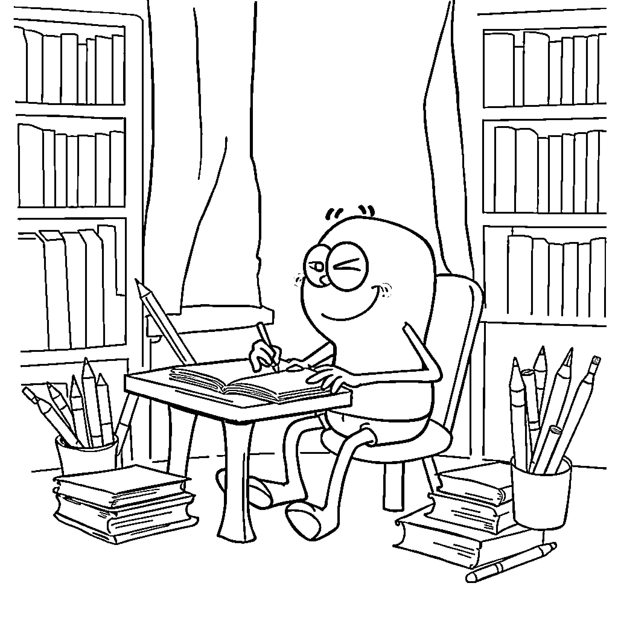 Bob esponja studying intently in the library Coloring Page (free black-and-white line drawing printable PDF for all, from beginners to advanced learners, including children, teens, adults, and seniors)