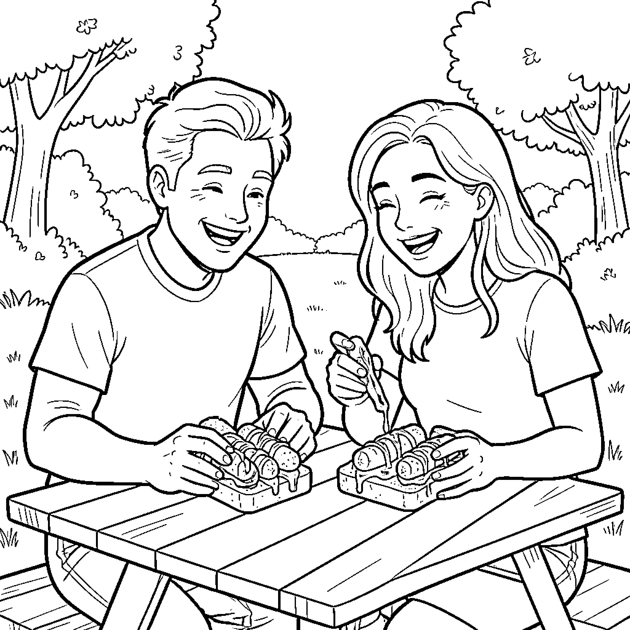 Couple Enjoying Outdoor Picnic Together Coloring Page (free black-and-white line drawing printable PDF for all, from beginners to advanced learners, including children, teens, adults, and seniors)