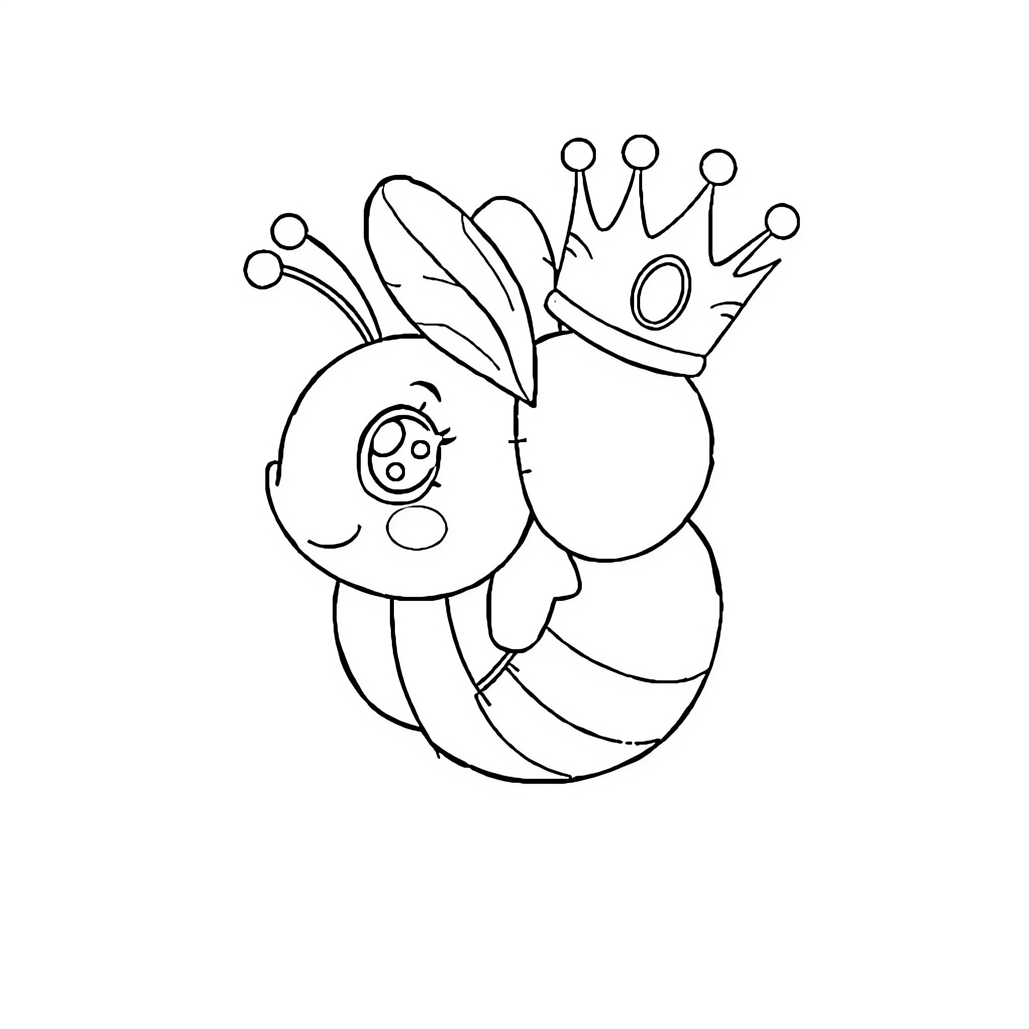 Bee wearing a crown in a whimsical pose Coloring Page (free black-and-white line drawing printable PDF for all, from beginners to advanced learners, including children, teens, adults, and seniors)
