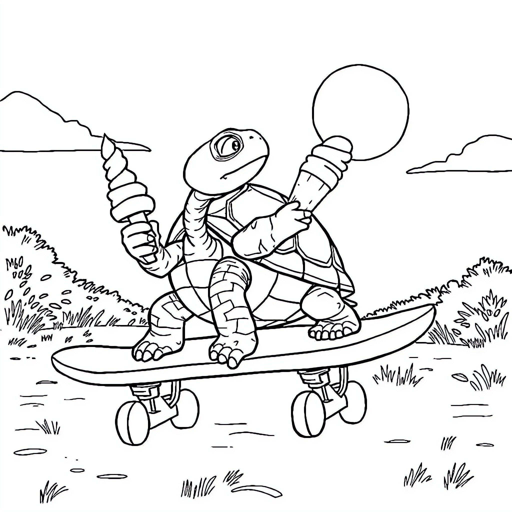 Turtle surfing with ice cream cone Coloring Page (free black-and-white line drawing printable PDF for all, from beginners to advanced learners, including children, teens, adults, and seniors)
