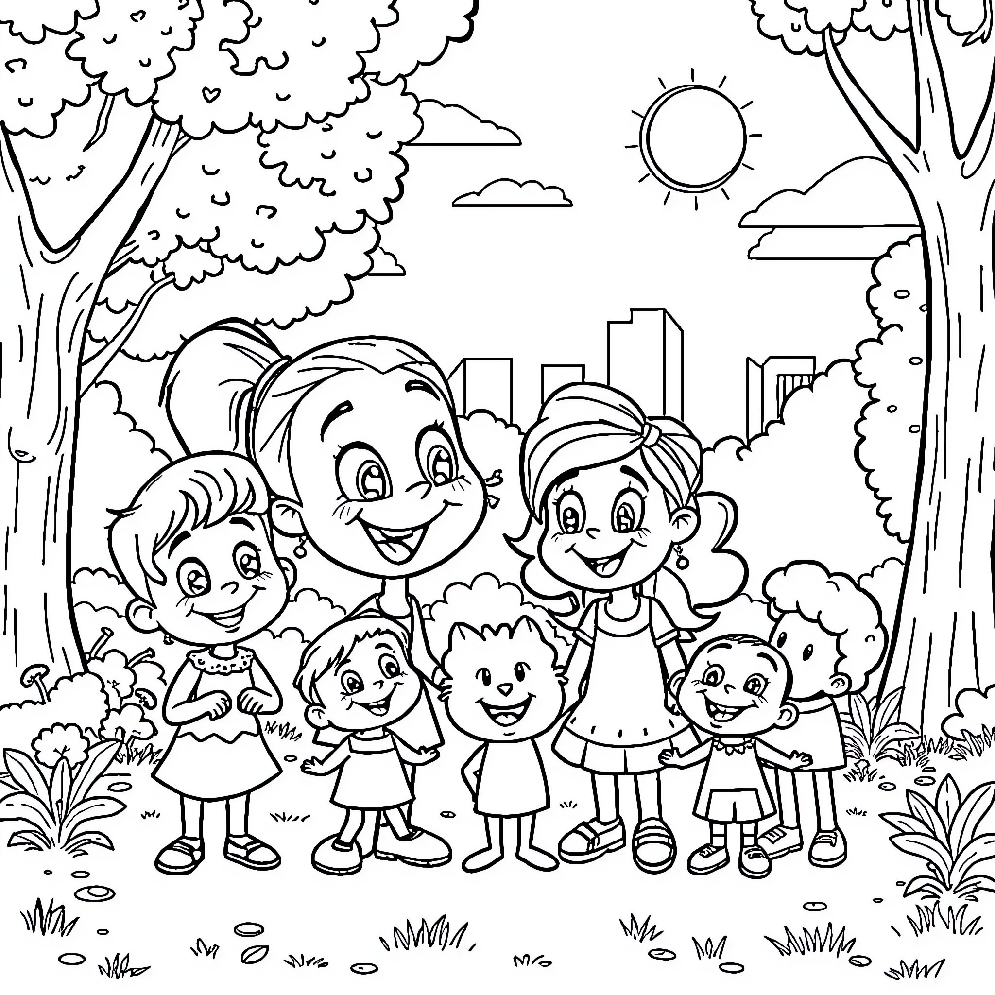 Bluey and family exploring the great outdoors Coloring Page (free black-and-white line drawing printable PDF for all, from beginners to advanced learners, including children, teens, adults, and seniors)