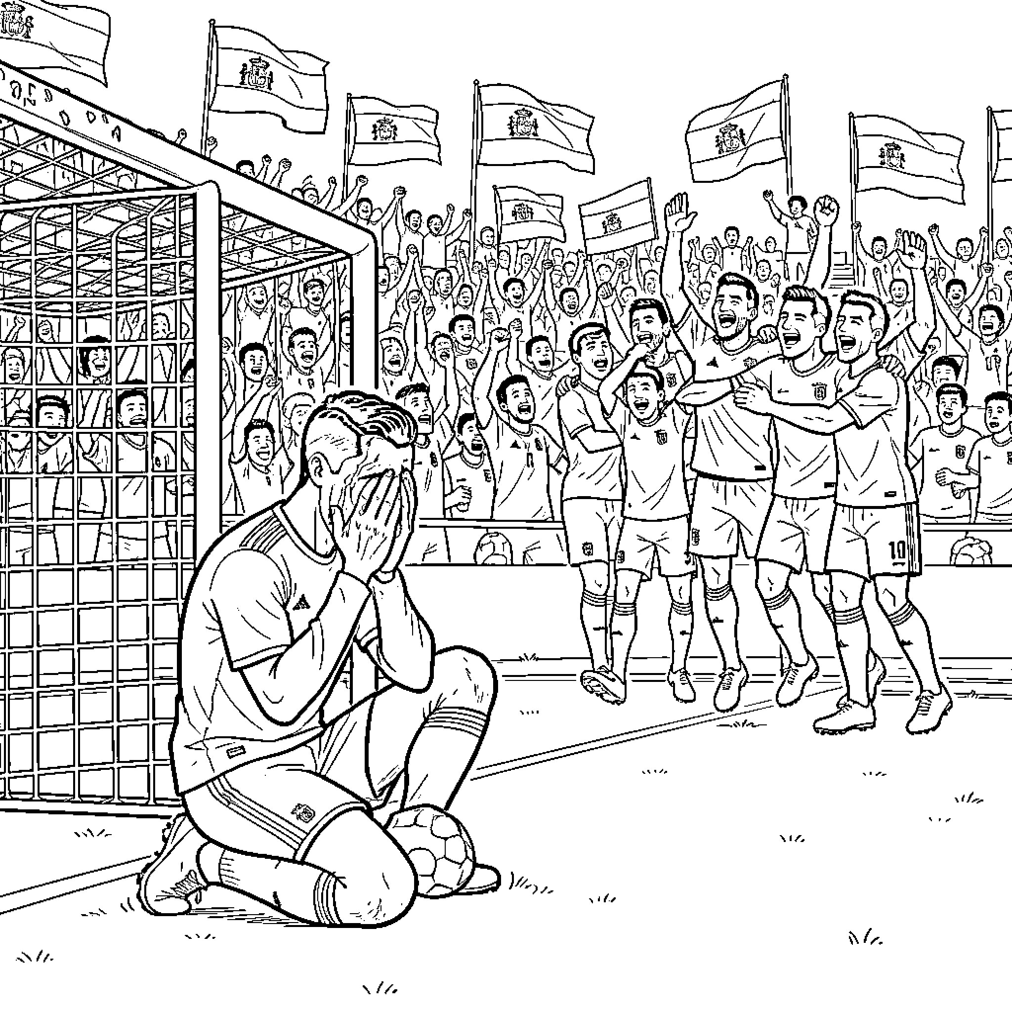 Cristiano Ronaldo sitting on ground looking disappointed Coloring Page (free black-and-white line drawing printable PDF for all, from beginners to advanced learners, including children, teens, adults, and seniors)