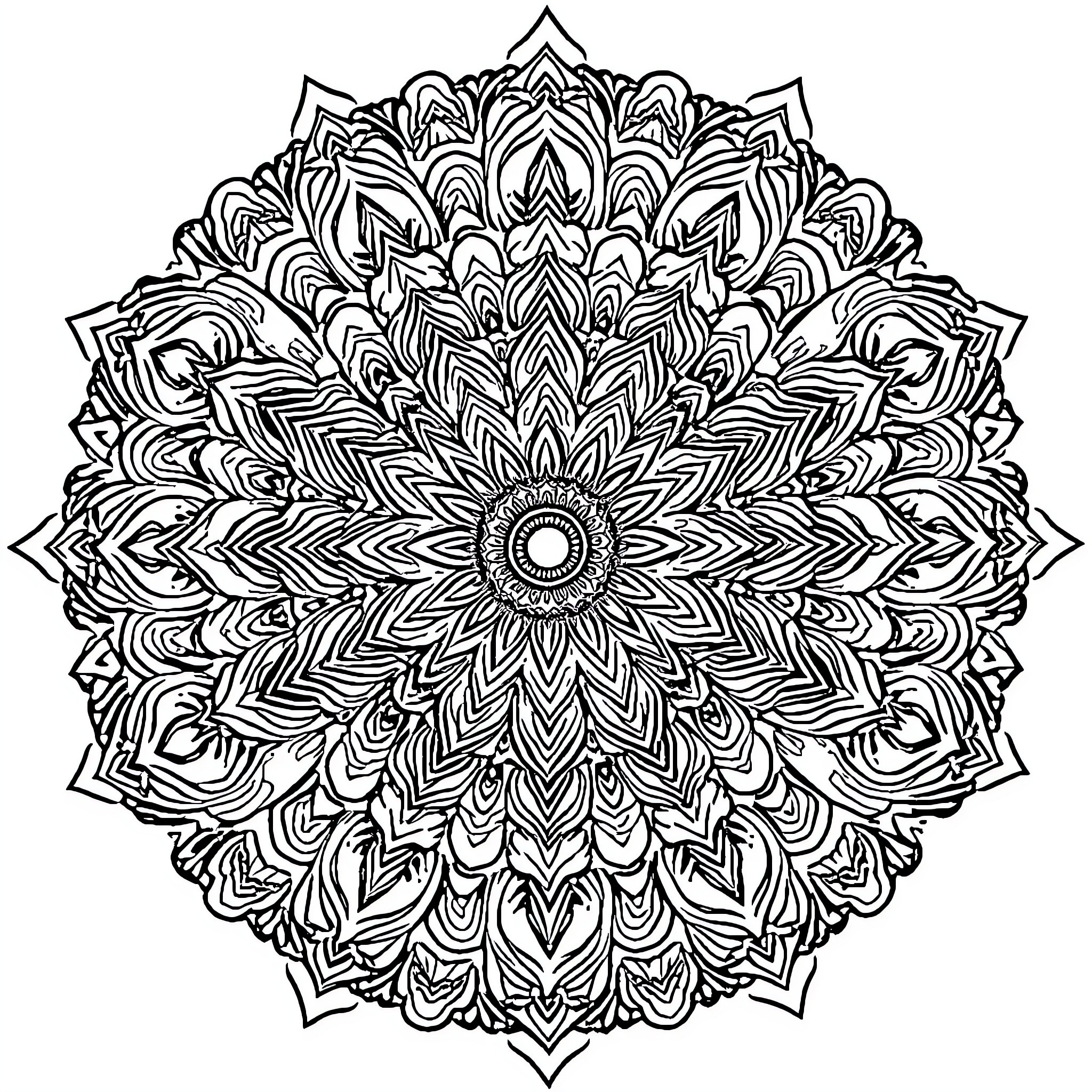 Mandala of intricate floral patterns Coloring Page (free black-and-white line drawing printable PDF for all, from beginners to advanced learners, including children, teens, adults, and seniors)
