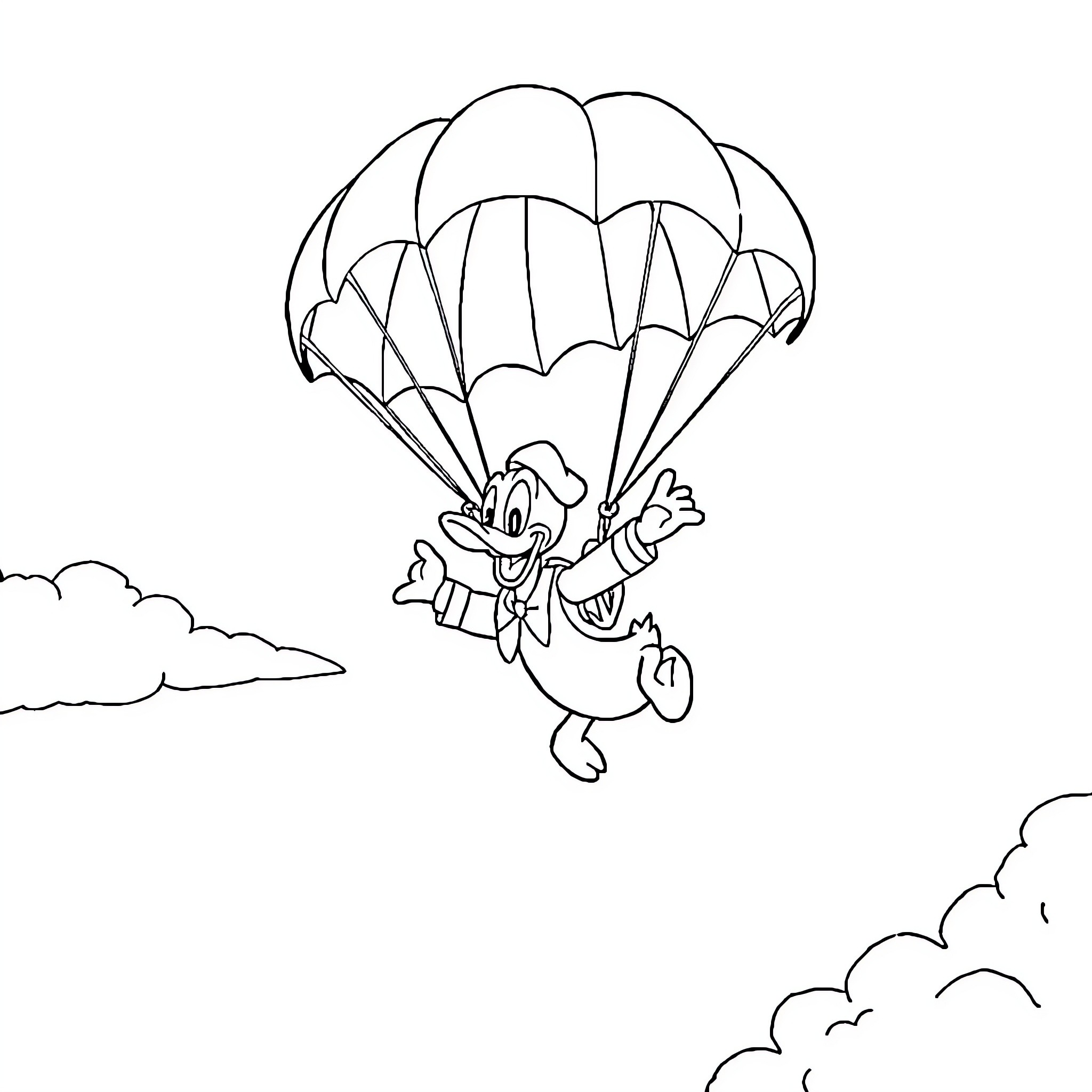 Donald parachuting joyfully into the clouds Coloring Page (free black-and-white line drawing printable PDF for all, from beginners to advanced learners, including children, teens, adults, and seniors)