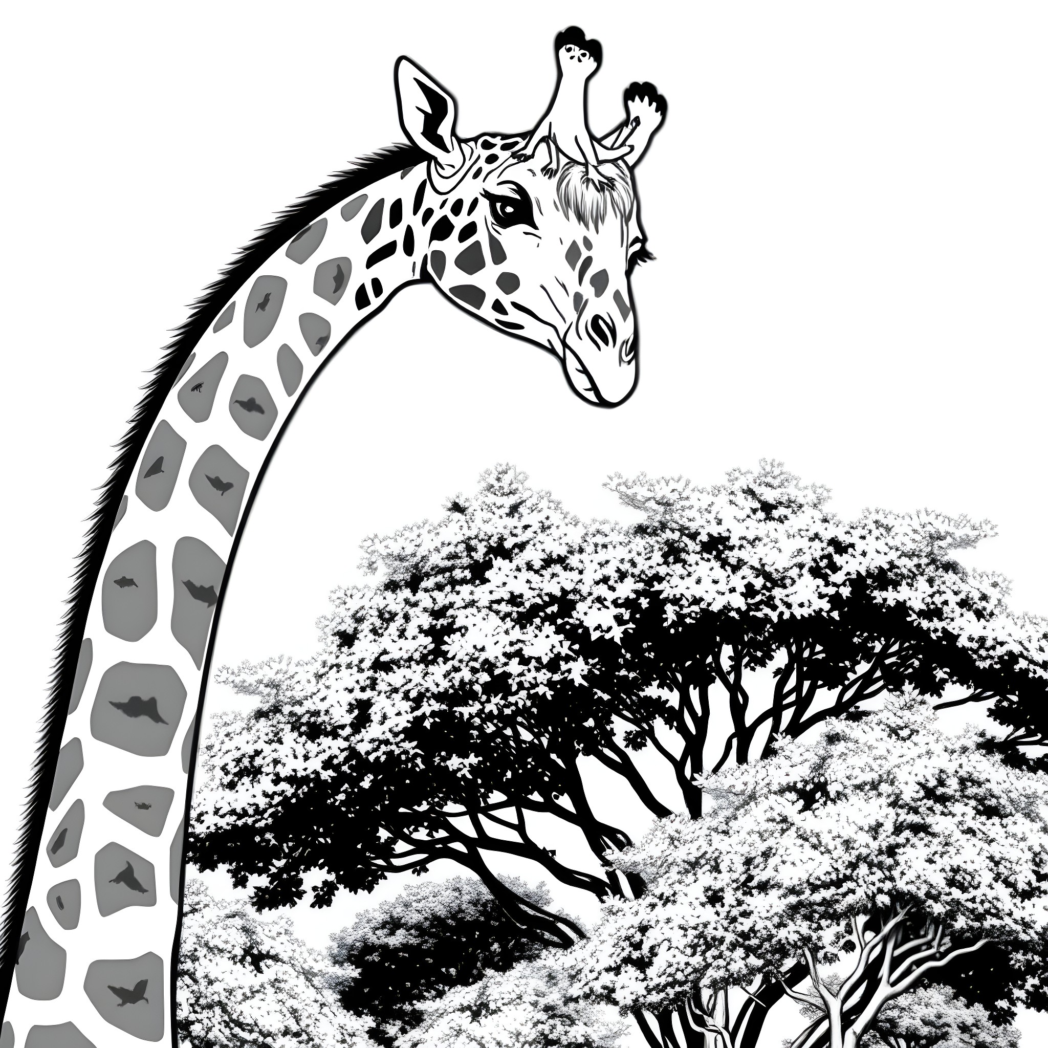 Giraffe gazing over treetops in the savanna Coloring Page (free black-and-white line drawing printable PDF for all, from beginners to advanced learners, including children, teens, adults, and seniors)