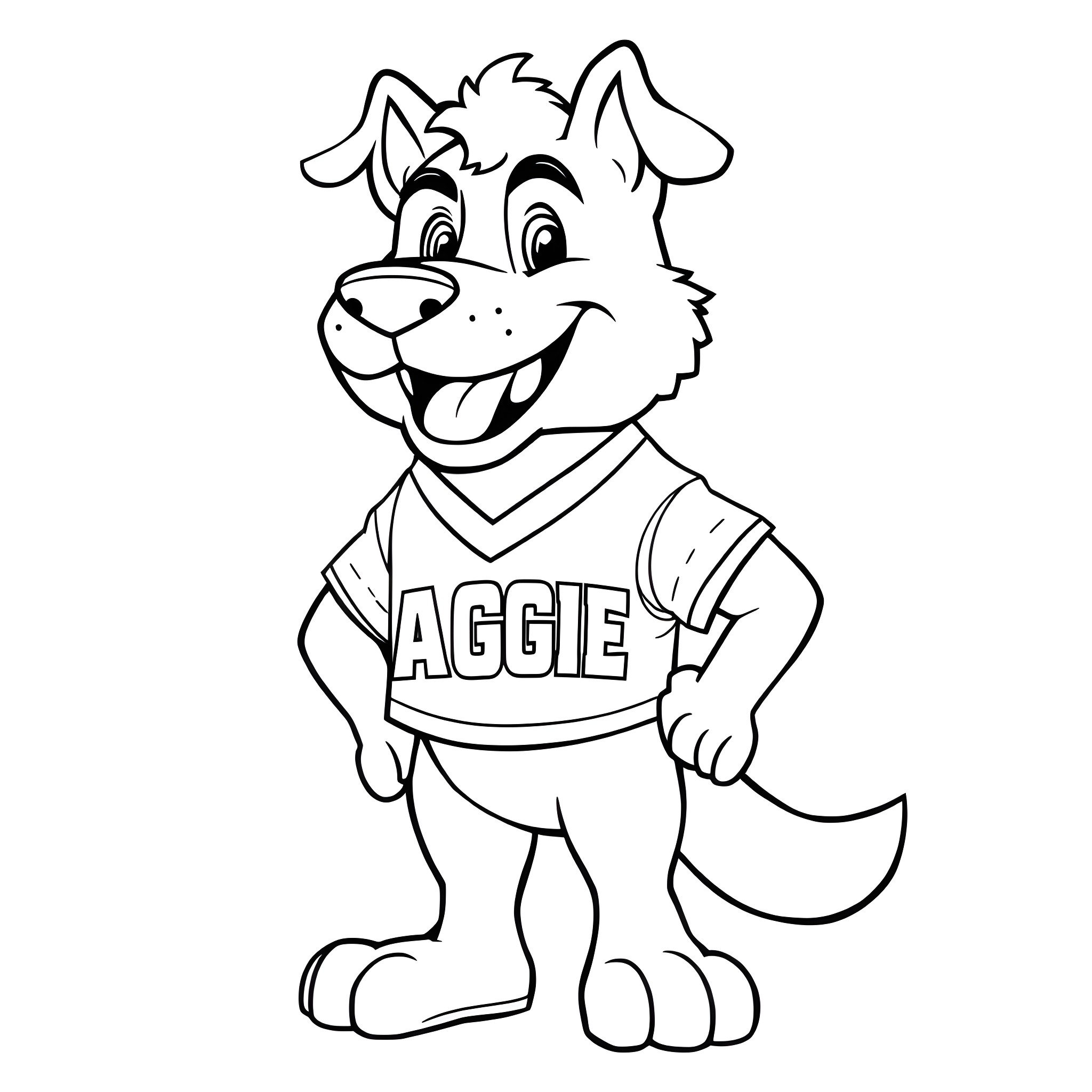Dog wearing Aggie jersey and smiling Coloring Page (free black-and-white line drawing printable PDF for all, from beginners to advanced learners, including children, teens, adults, and seniors)