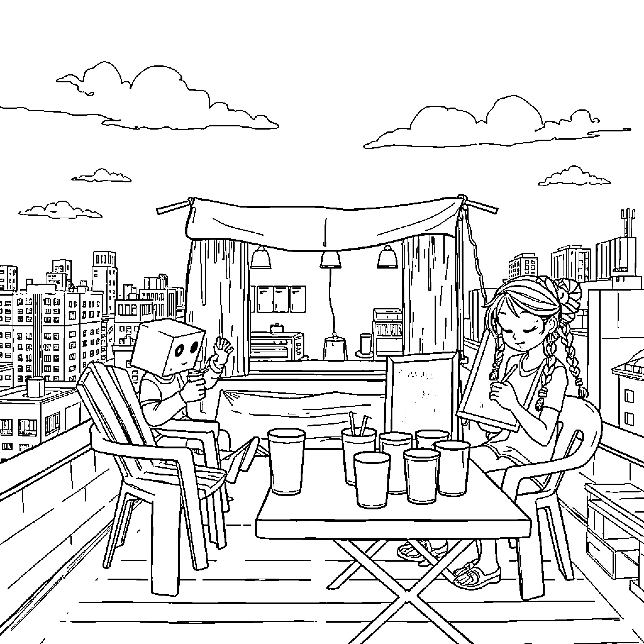 Pepe Characters enjoying a rooftop gathering Coloring Page (free black-and-white line drawing printable PDF for all, from beginners to advanced learners, including children, teens, adults, and seniors)