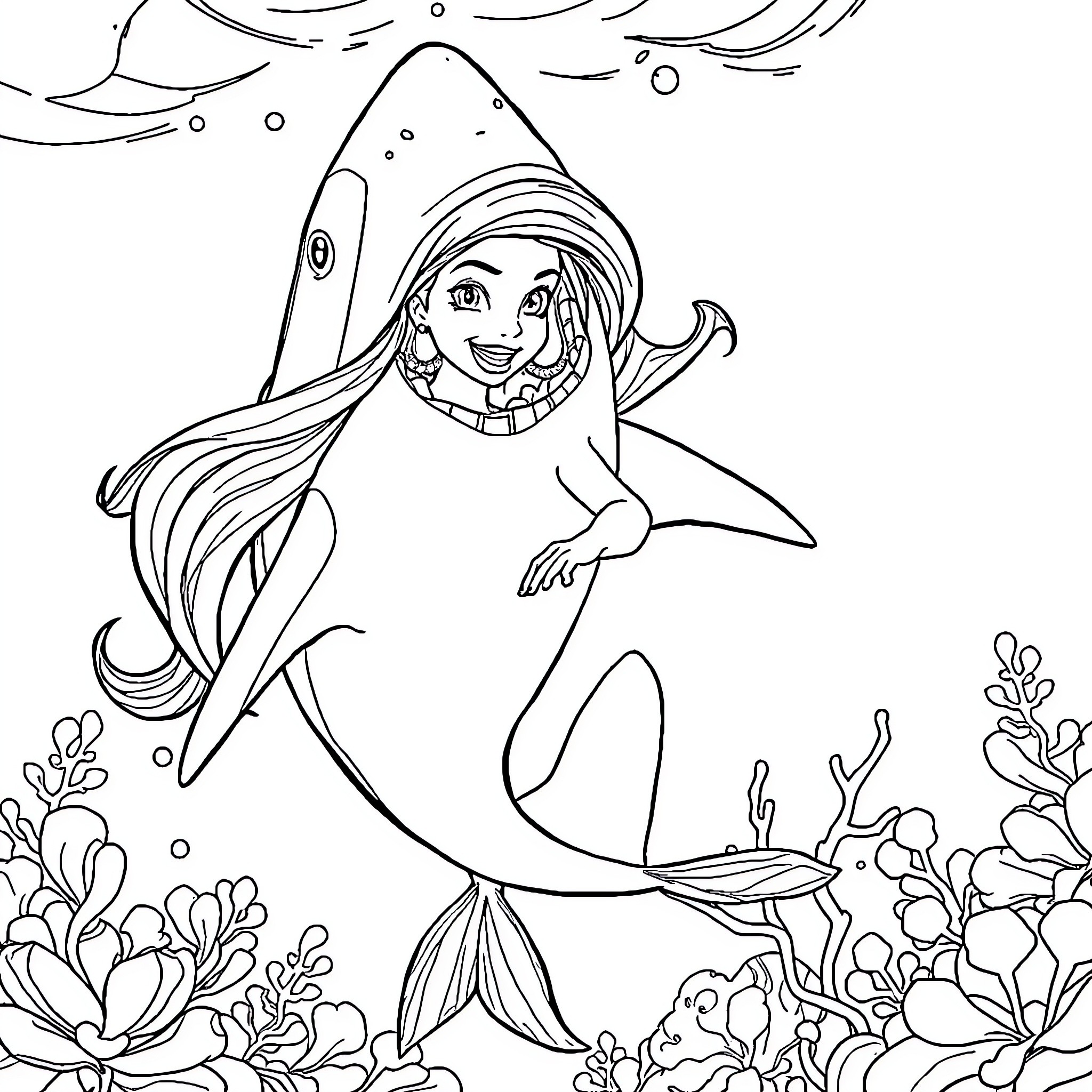 Ariel mermaid swimming in the underwater garden Coloring Page (free black-and-white line drawing printable PDF for all, from beginners to advanced learners, including children, teens, adults, and seniors)