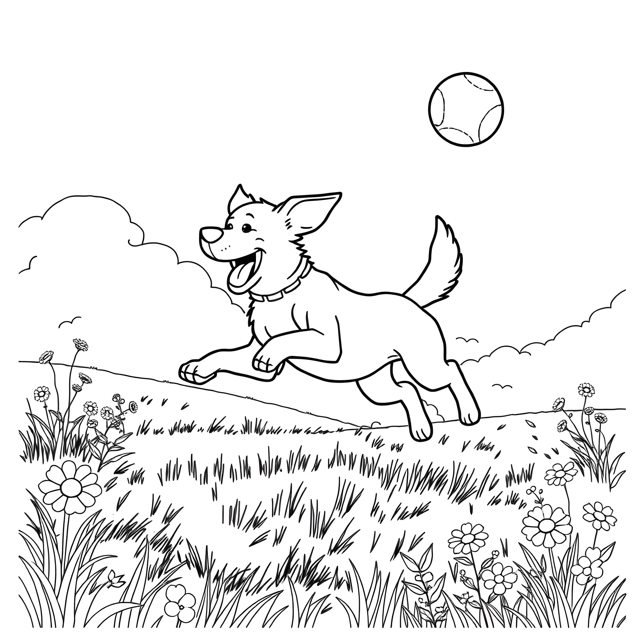 Dog chasing a ball in a floral field Coloring Page (free black-and-white line drawing printable PDF for all, from beginners to advanced learners, including children, teens, adults, and seniors)