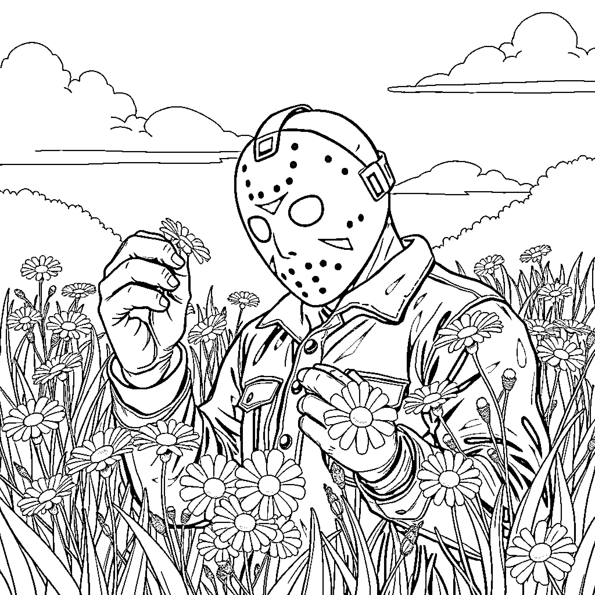 Jason Vorhees relaxing in a field of flowers Coloring Page (free black-and-white line drawing printable PDF for all, from beginners to advanced learners, including children, teens, adults, and seniors)