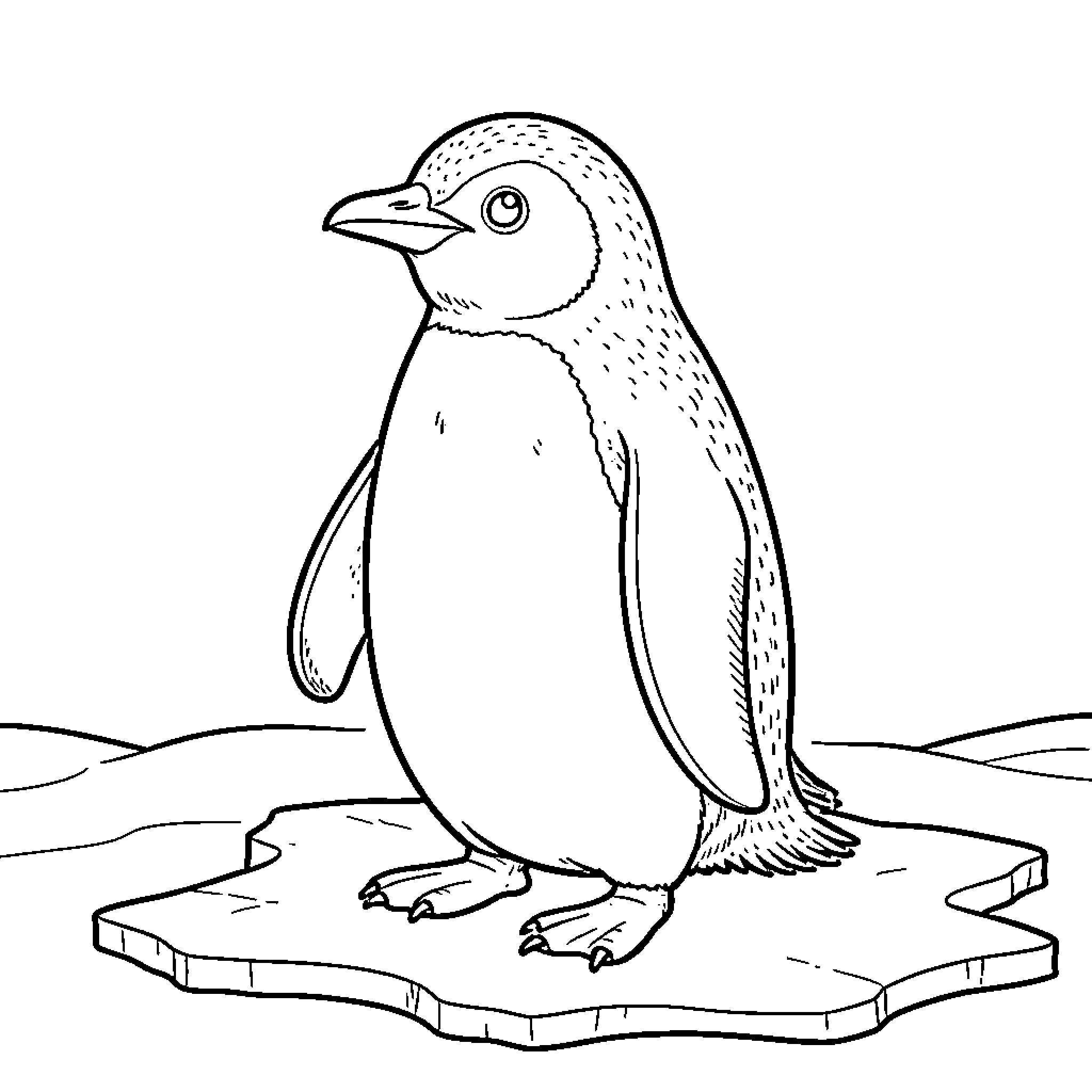 Penguin standing calmly on a small piece of ice Coloring Page (free black-and-white line drawing printable PDF for all, from beginners to advanced learners, including children, teens, adults, and seniors)