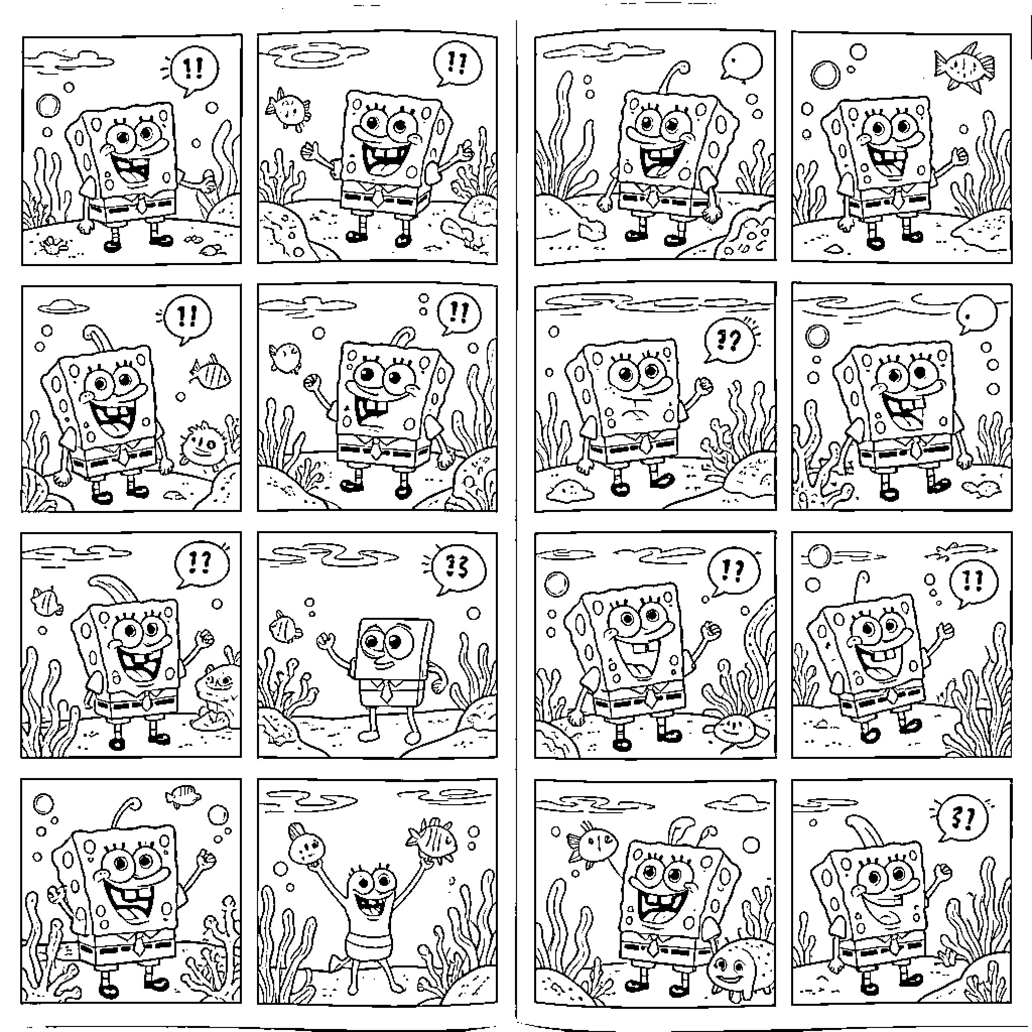 Spongebob expressing various joyful and surprised facial expressions Coloring Page (free black-and-white line drawing printable PDF for all, from beginners to advanced learners, including children, teens, adults, and seniors)