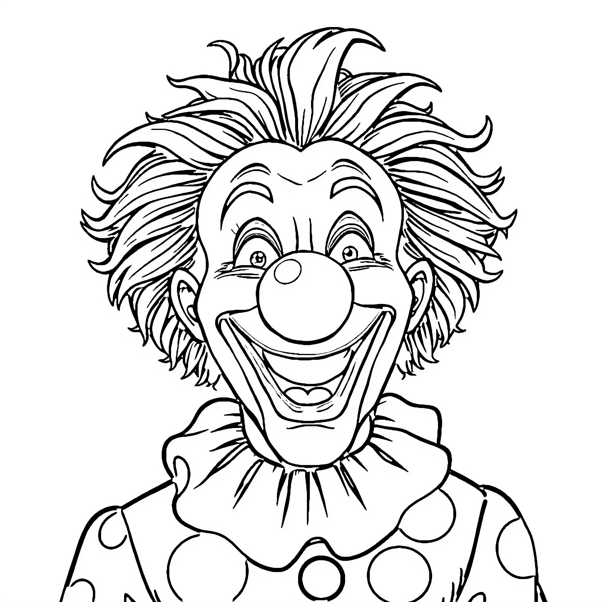 Clown with Exaggerated Facial Features and Costume Coloring Page (free black-and-white line drawing printable PDF for all, from beginners to advanced learners, including children, teens, adults, and seniors)