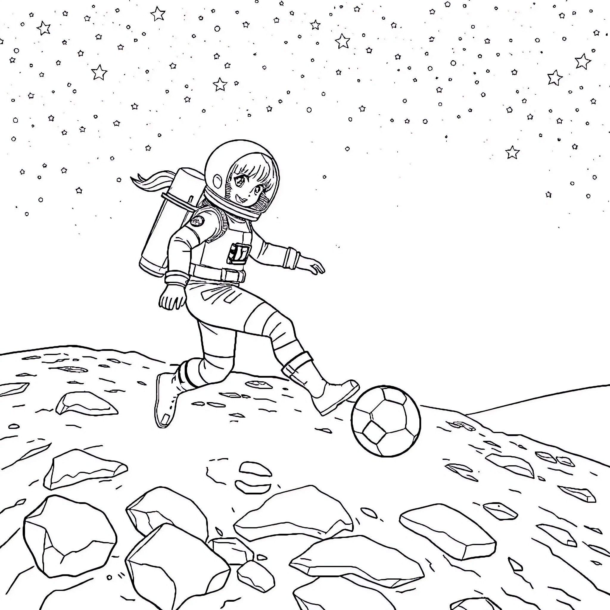 Girl astronaut playing soccer on the moon Coloring Page (free black-and-white line drawing printable PDF for all, from beginners to advanced learners, including children, teens, adults, and seniors)