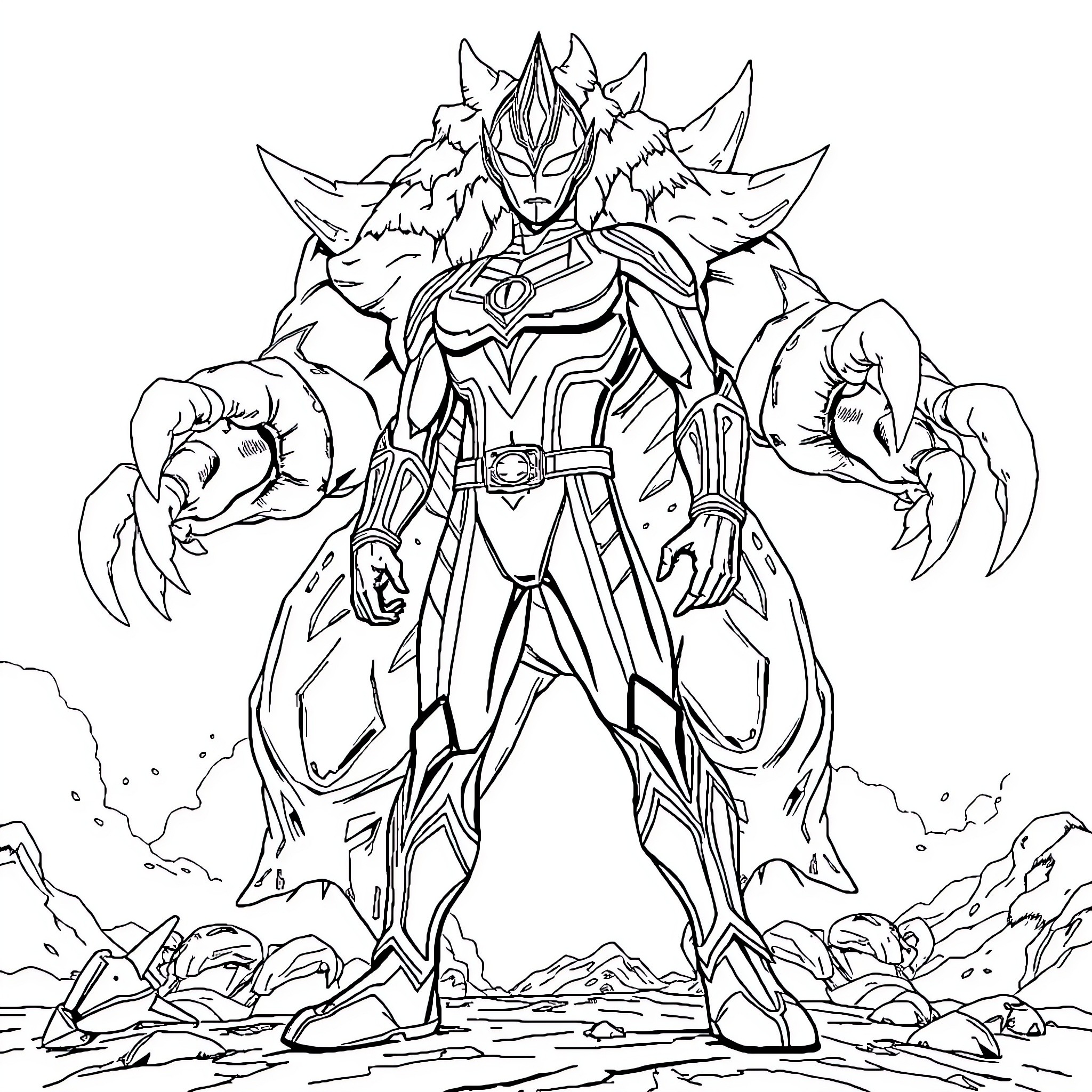 Ultraman Heroic Pose with Powerful Armor Coloring Page (free black-and-white line drawing printable PDF for all, from beginners to advanced learners, including children, teens, adults, and seniors)