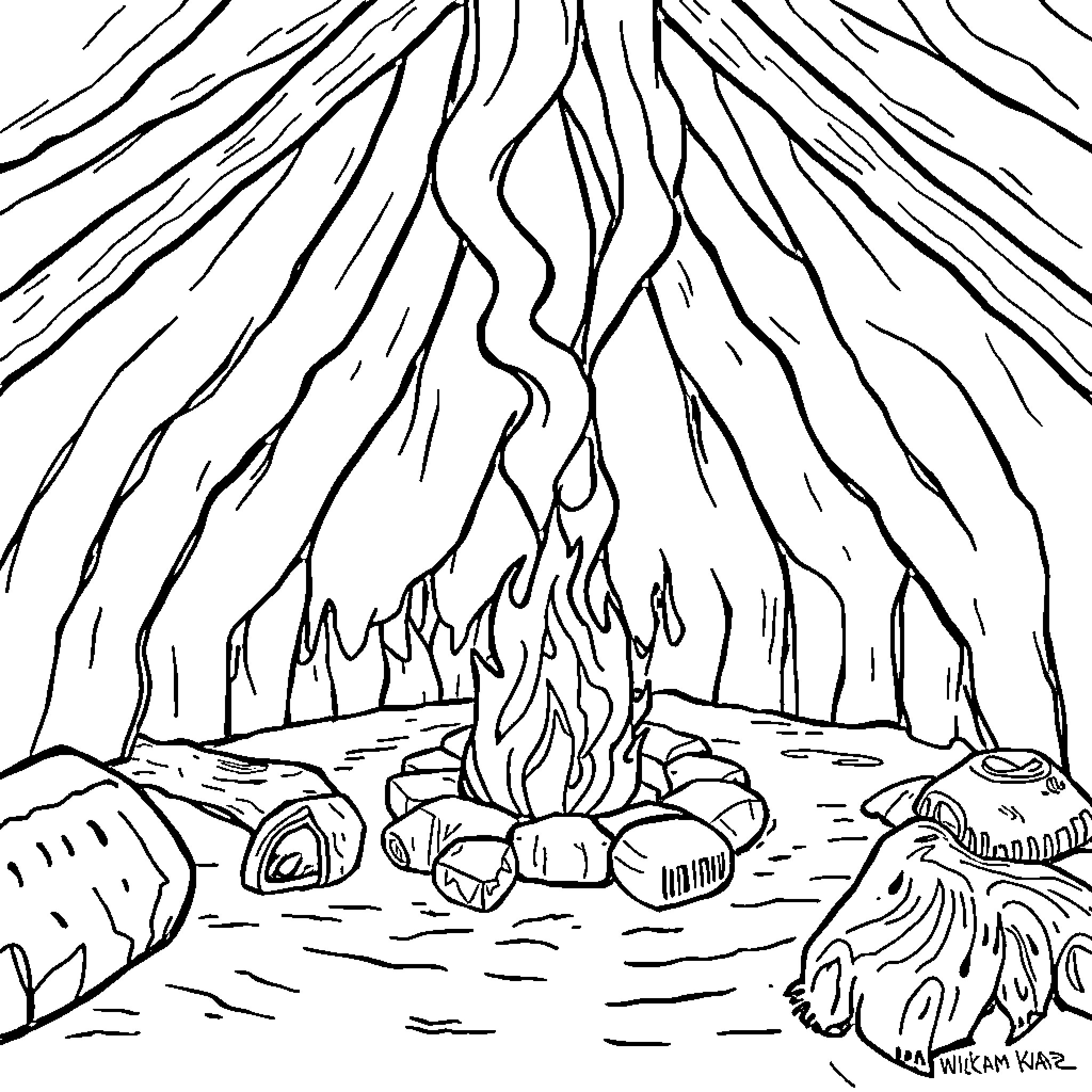 Element of Fiery Wilderness Landscape Coloring Page (free black-and-white line drawing printable PDF for all, from beginners to advanced learners, including children, teens, adults, and seniors)