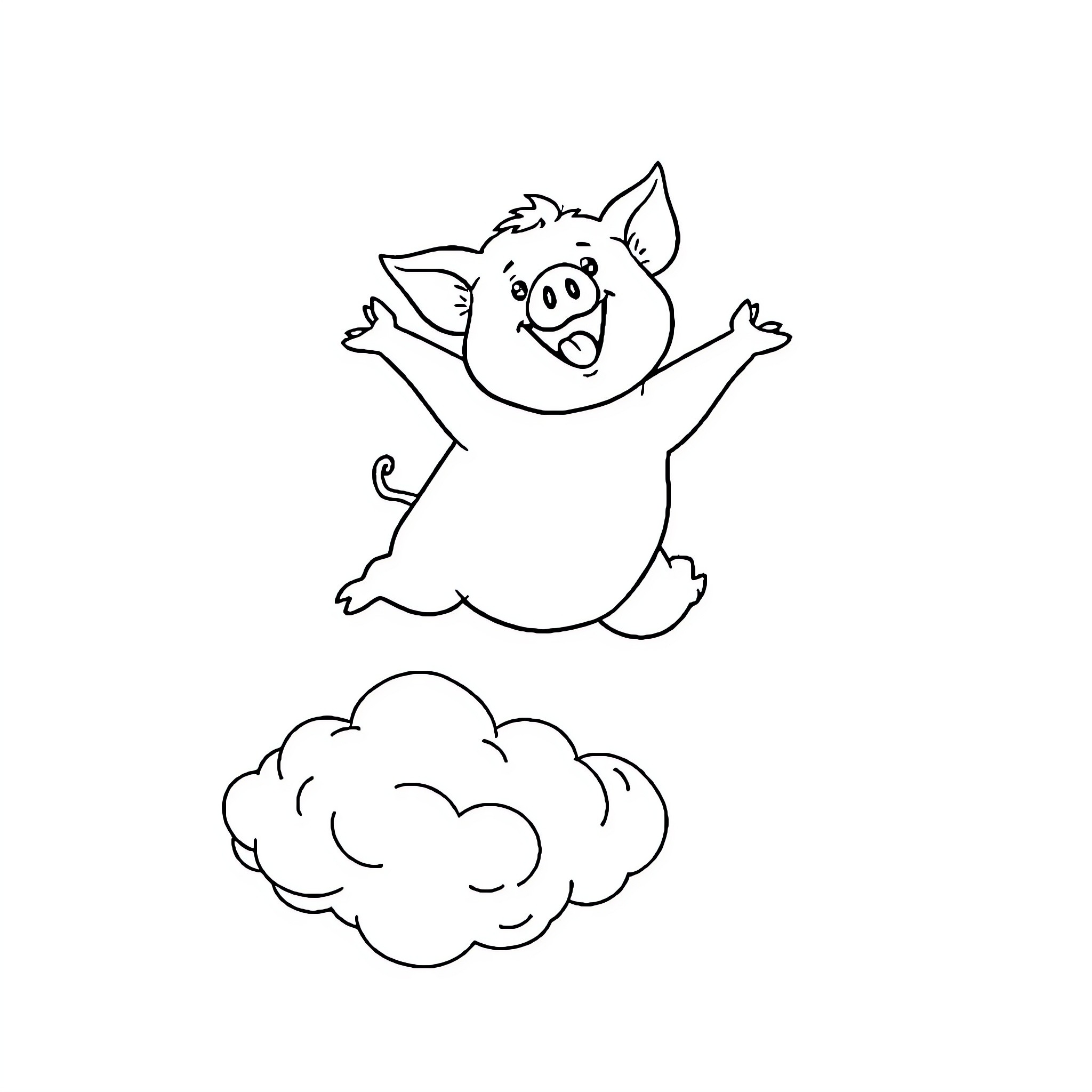 Pig jumping joyfully in the clouds Coloring Page (free black-and-white line drawing printable PDF for all, from beginners to advanced learners, including children, teens, adults, and seniors)