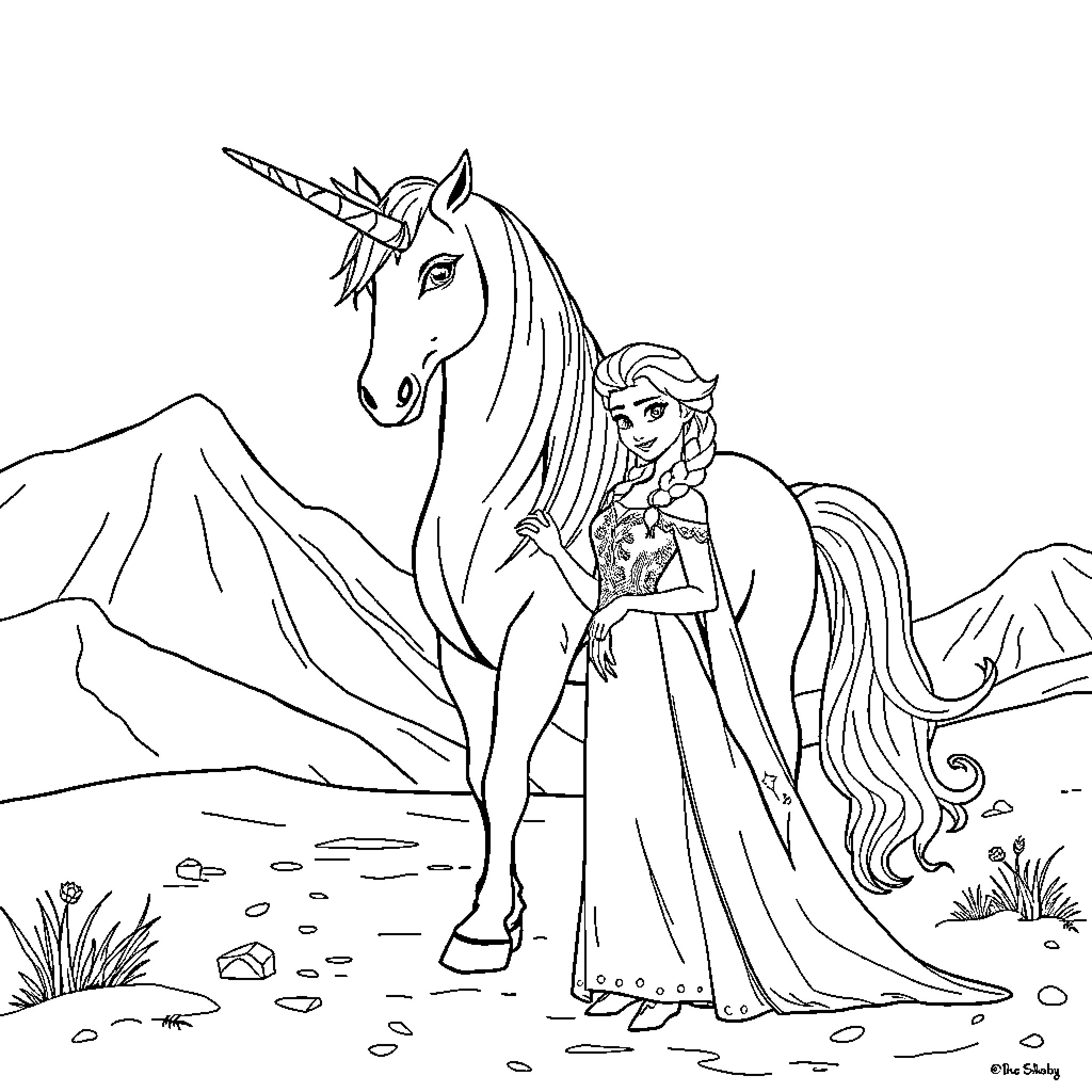 Elsa and her Unicorn Adventure Coloring Page (free black-and-white line drawing printable PDF for all, from beginners to advanced learners, including children, teens, adults, and seniors)