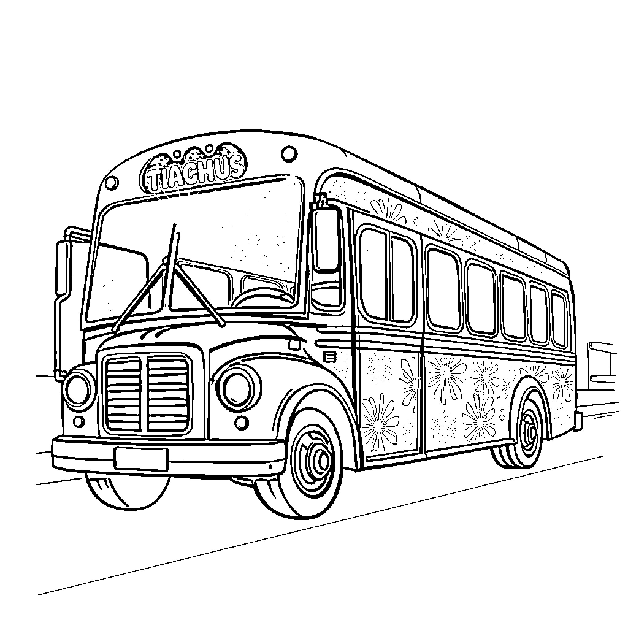 Magic Bus with Floral Designs and Passengers Coloring Page (free black-and-white line drawing printable PDF for all, from beginners to advanced learners, including children, teens, adults, and seniors)