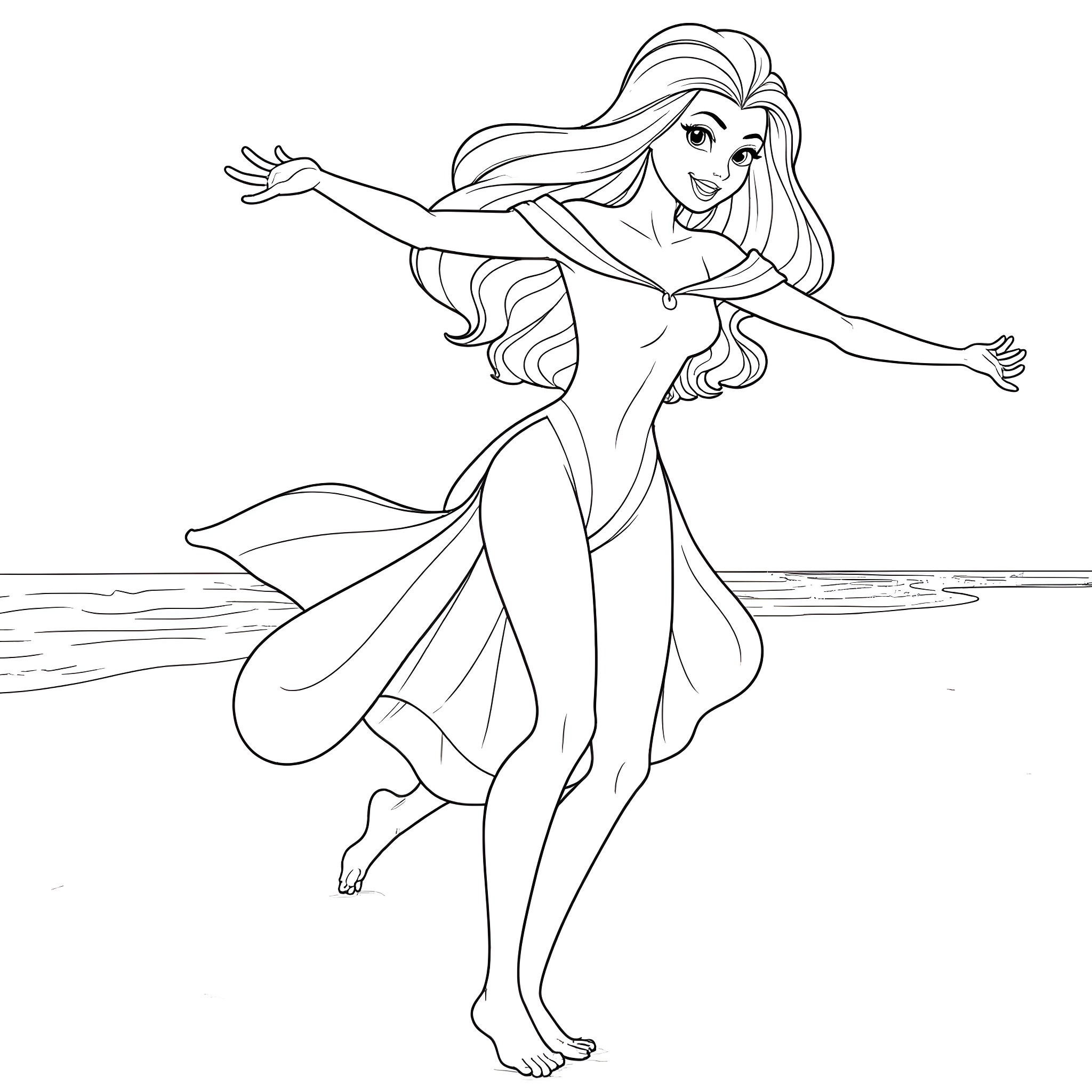 Disney Princess Joyfully Dancing by the Sea Coloring Page (free black-and-white line drawing printable PDF for all, from beginners to advanced learners, including children, teens, adults, and seniors)