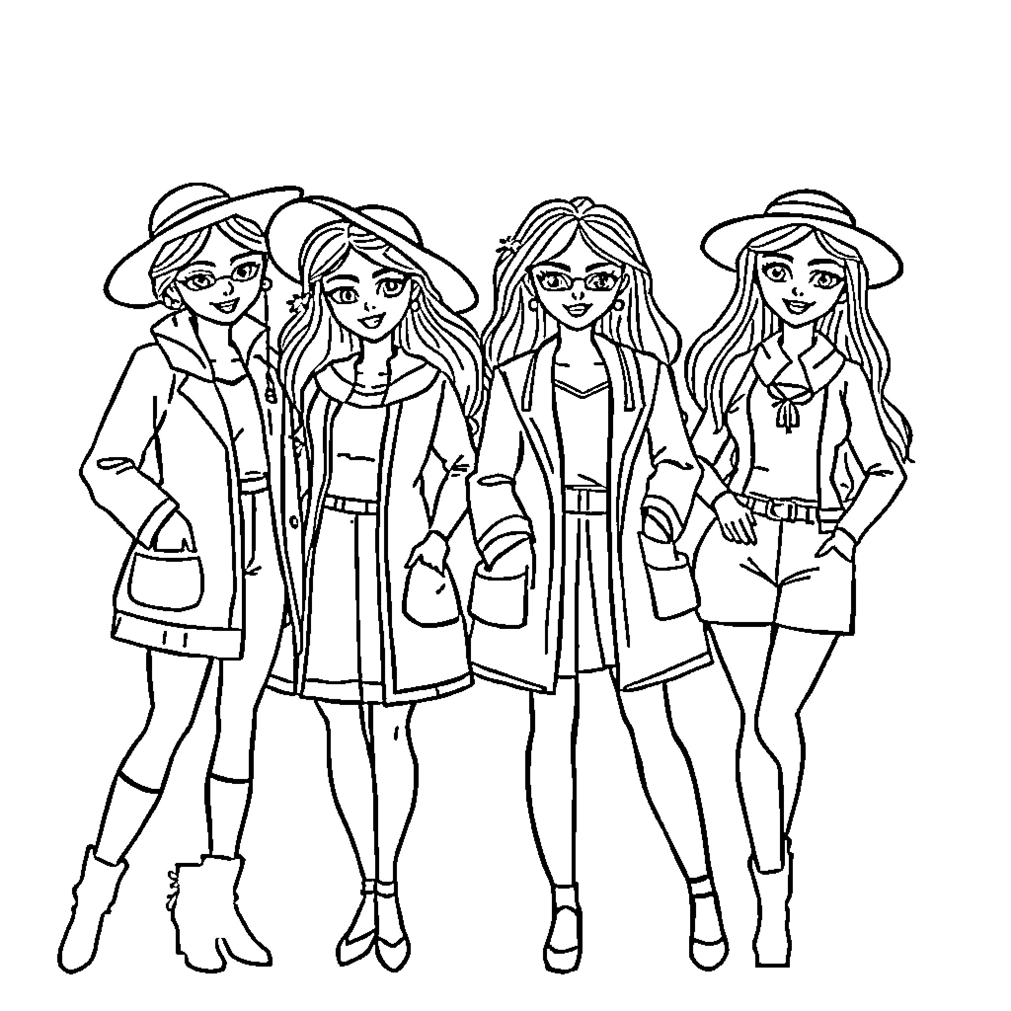 Muñeca friends exploring the world together Coloring Page (free black-and-white line drawing printable PDF for all, from beginners to advanced learners, including children, teens, adults, and seniors)