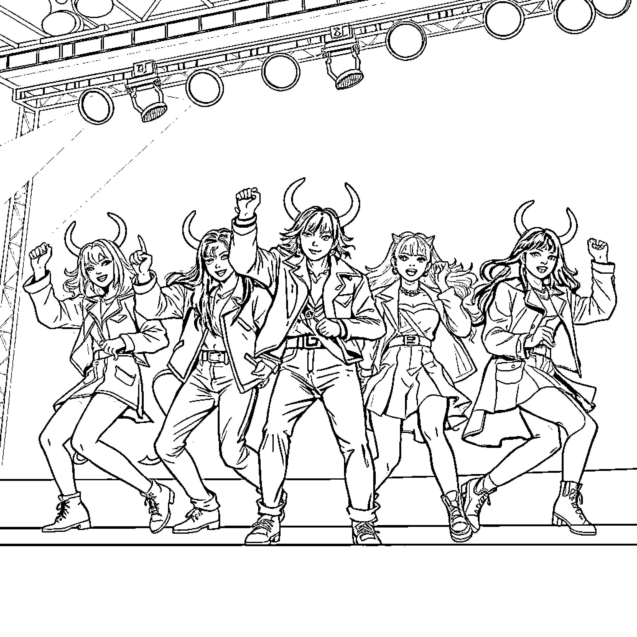 Demon Hunter Band Performing on Stage Coloring Page (free black-and-white line drawing printable PDF for all, from beginners to advanced learners, including children, teens, adults, and seniors)