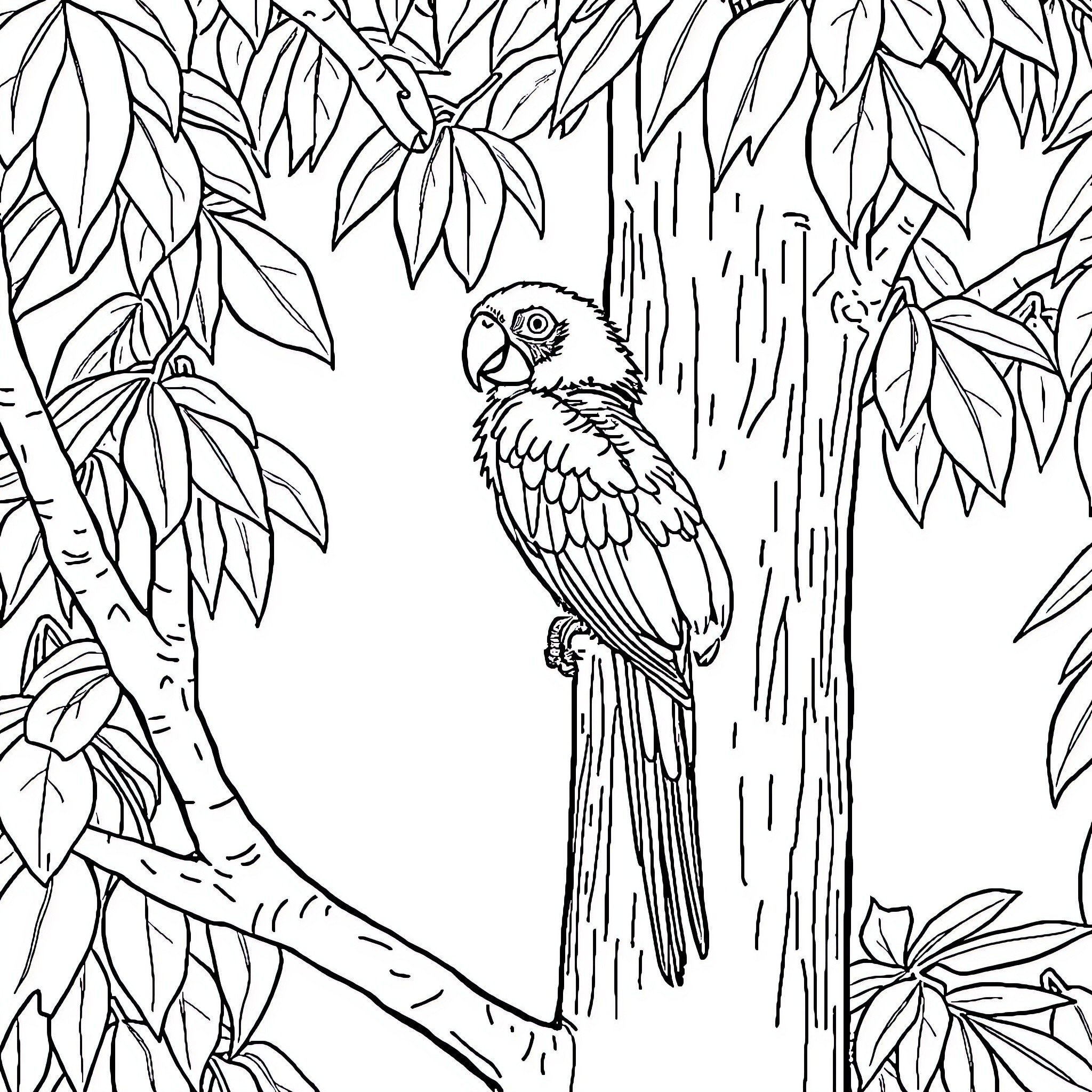 Parrot perched amidst lush foliage Coloring Page (free black-and-white line drawing printable PDF for all, from beginners to advanced learners, including children, teens, adults, and seniors)