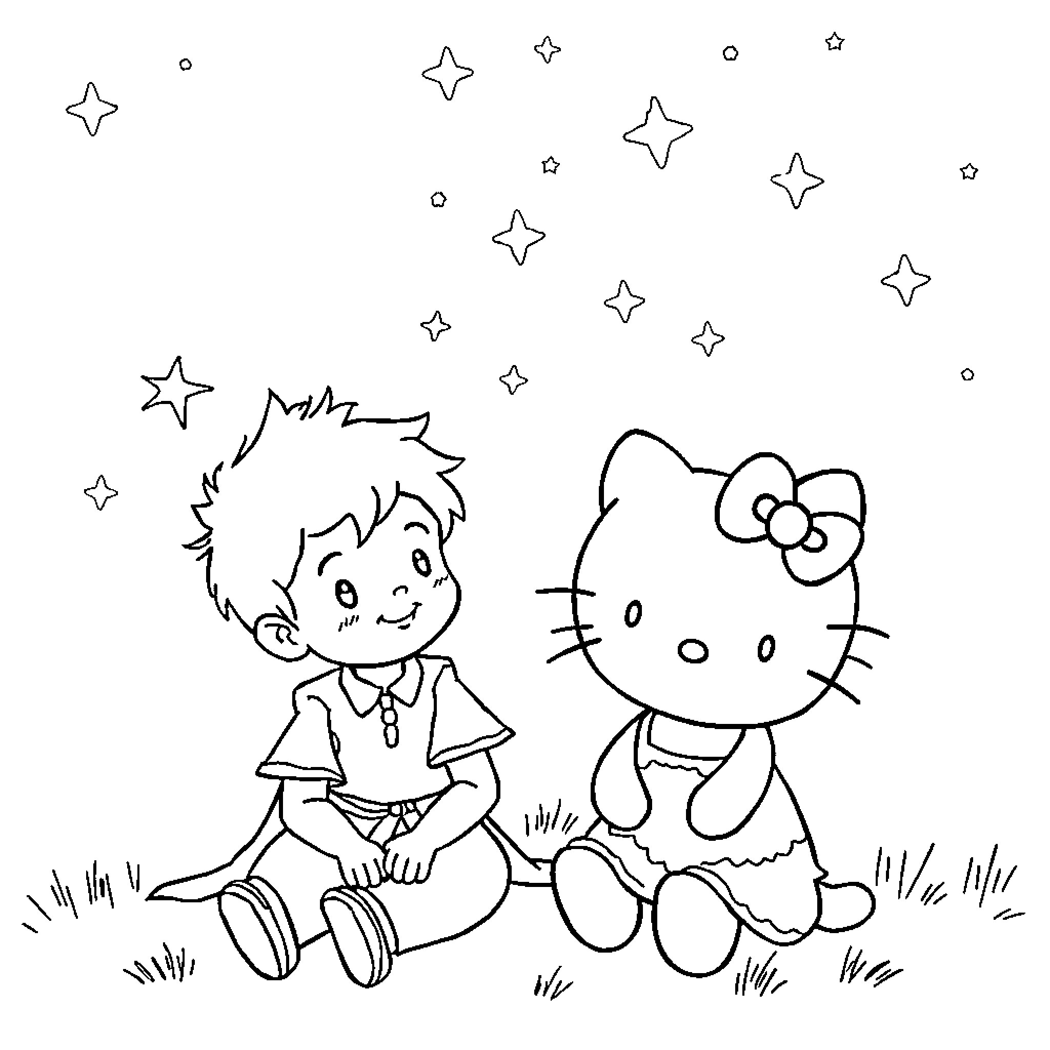 Little Prince and Hello Kitty playing under the stars Coloring Page (free black-and-white line drawing printable PDF for all, from beginners to advanced learners, including children, teens, adults, and seniors)